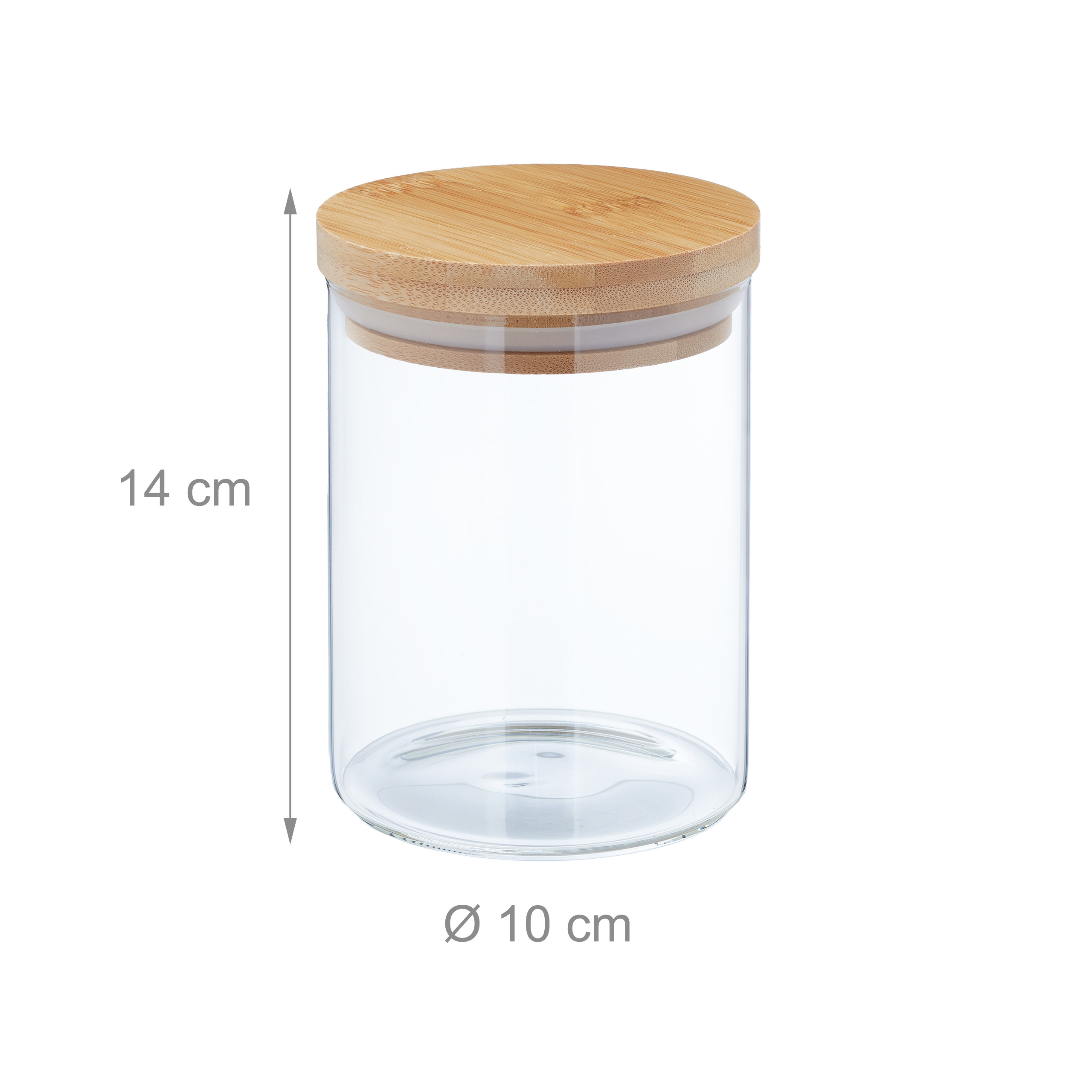 Ein gläsernes Vorratsglas mit Holzdeckel, 14 cm hoch und 10 cm im Durchmesser.