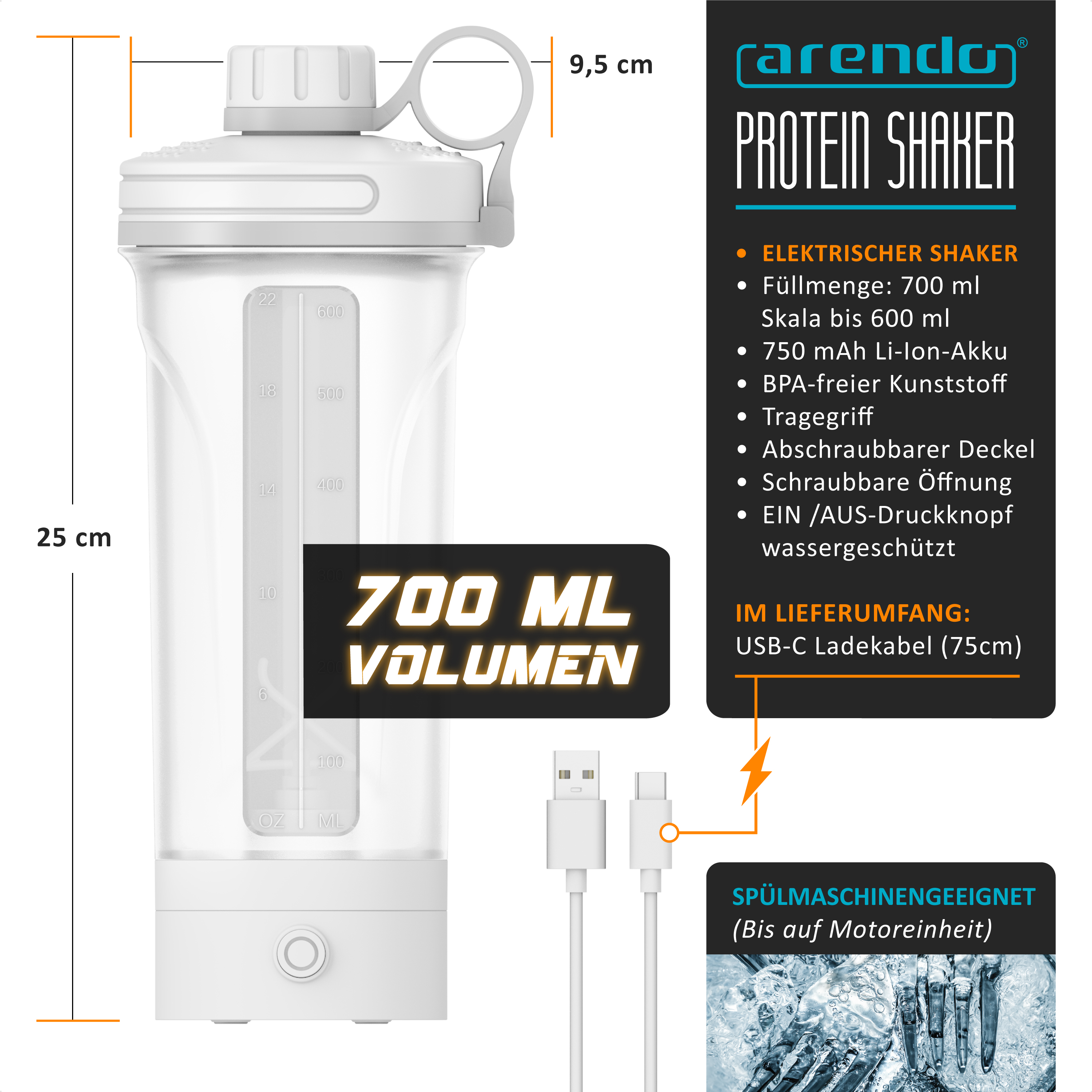 Arendo elektrischer Shaker 700ml mit USB-C Ladekabel und Maßen.