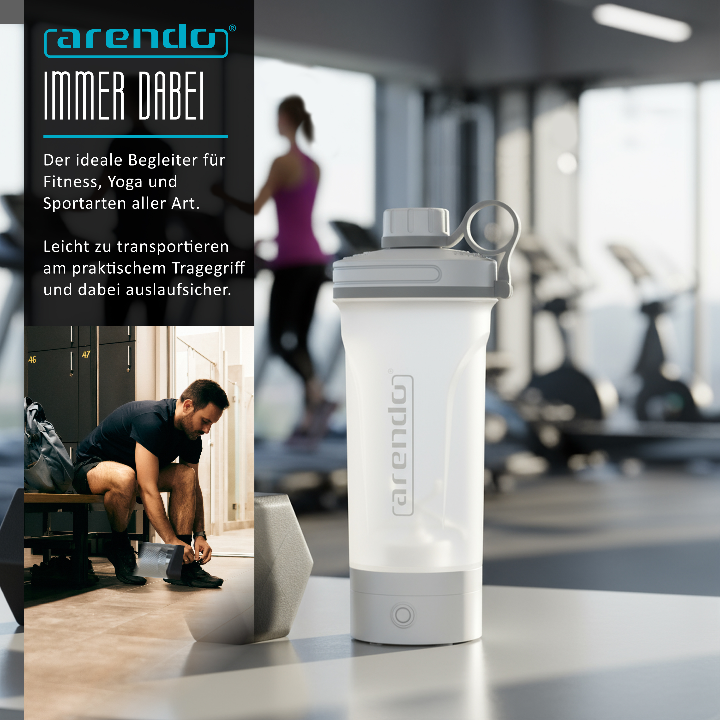 Ein weißer Arendo-Shaker steht auf einem Tisch in einem Fitnessstudio mit Sportlern im Hintergrund.