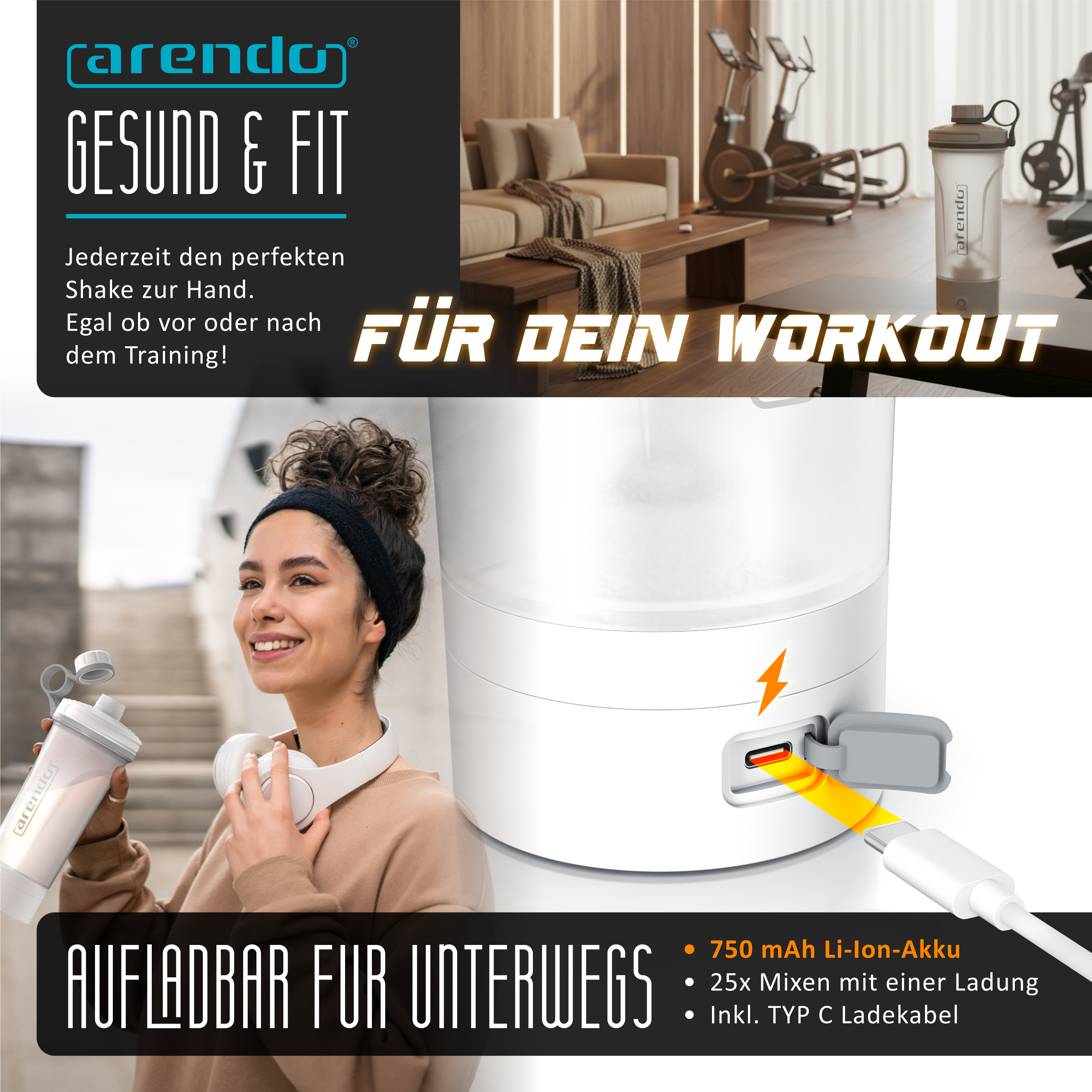 Wiederaufladbarer Shaker mit USB-C Kabel, ideal fürs Workout.