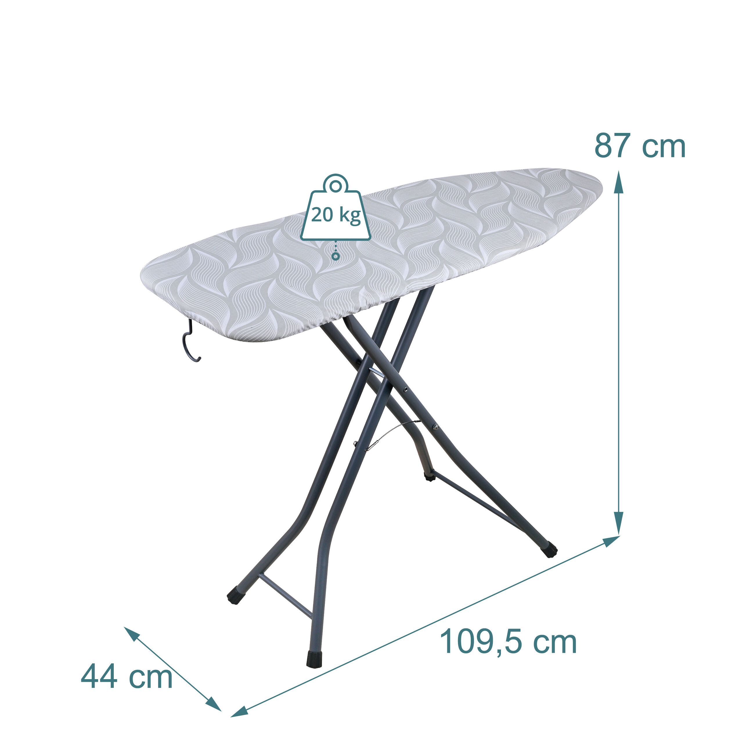 Bügelbrett mit grauem, gemustertem Bezug und Maßen von 109,5x44x87 cm, belastbar bis 20 kg.
