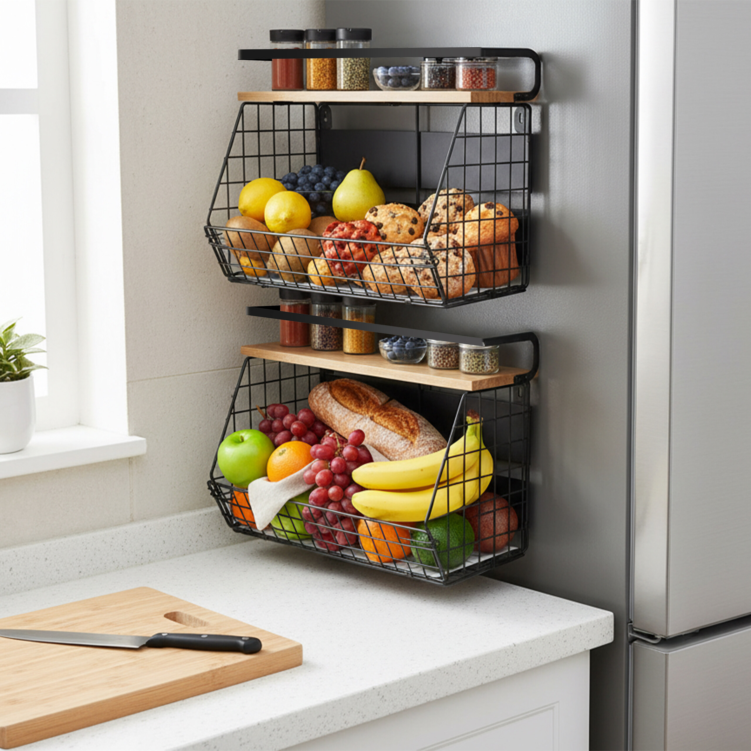Zwei schwarze Metallregale hängen am Kühlschrank, gefüllt mit frischem Obst, Brot und Gewürzdosen.
