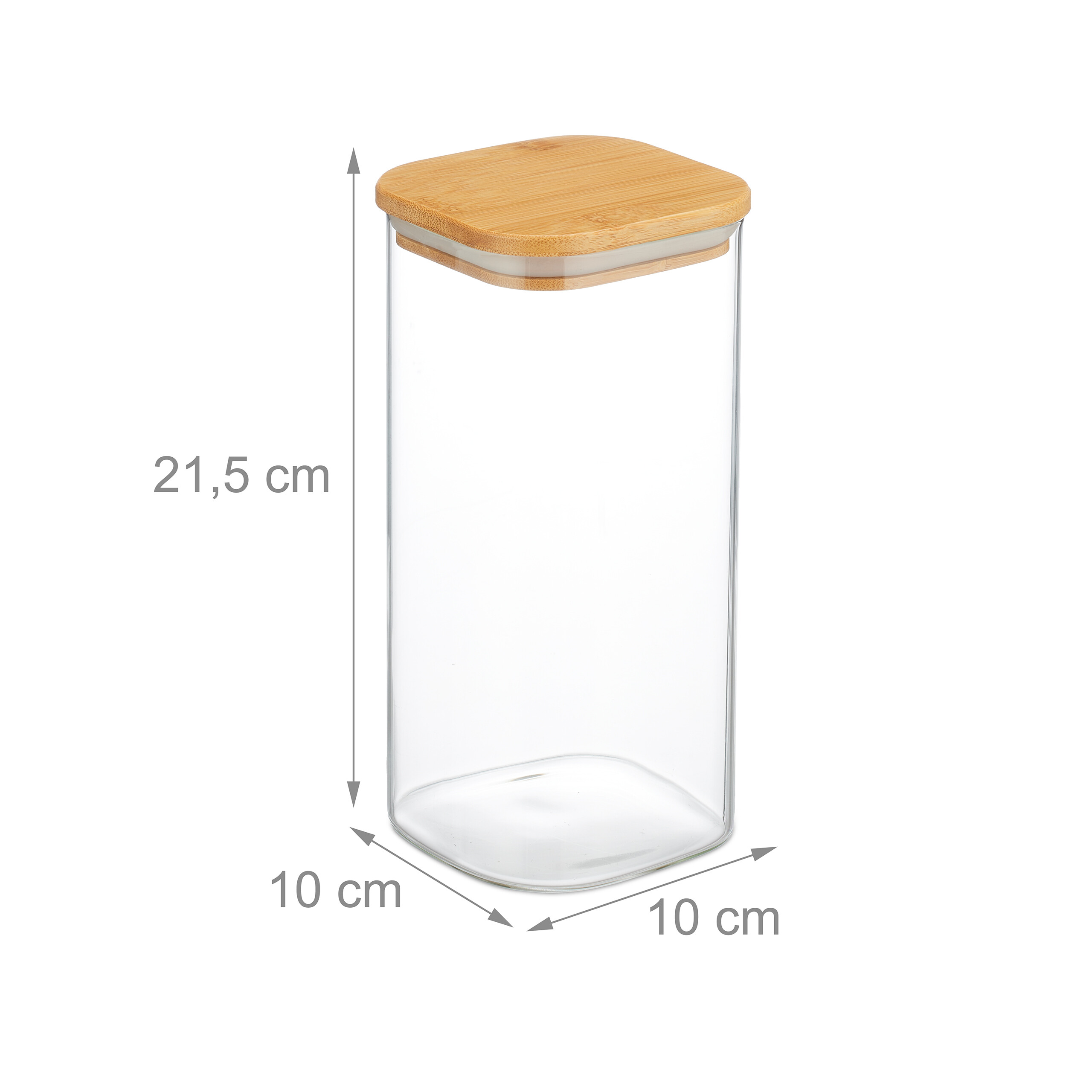 Glasvorratsdose mit Bambusdeckel und Abmessungen von 21,5x10x10 cm auf weißem Hintergrund.