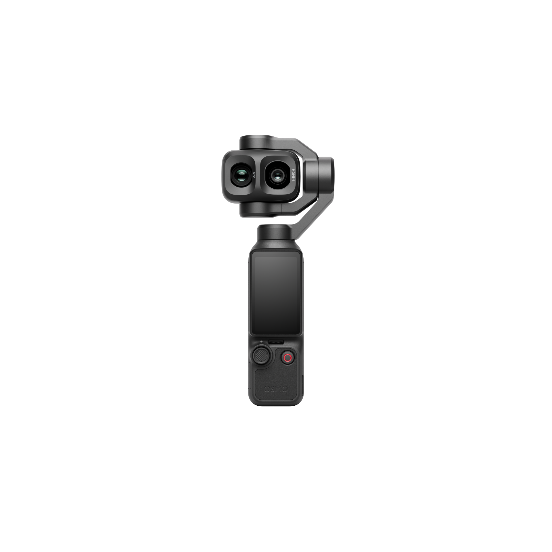Siyah arka plan üzerinde çift lensli ve ekranlı siyah bir DJI Osmo el gimbal kamerası.