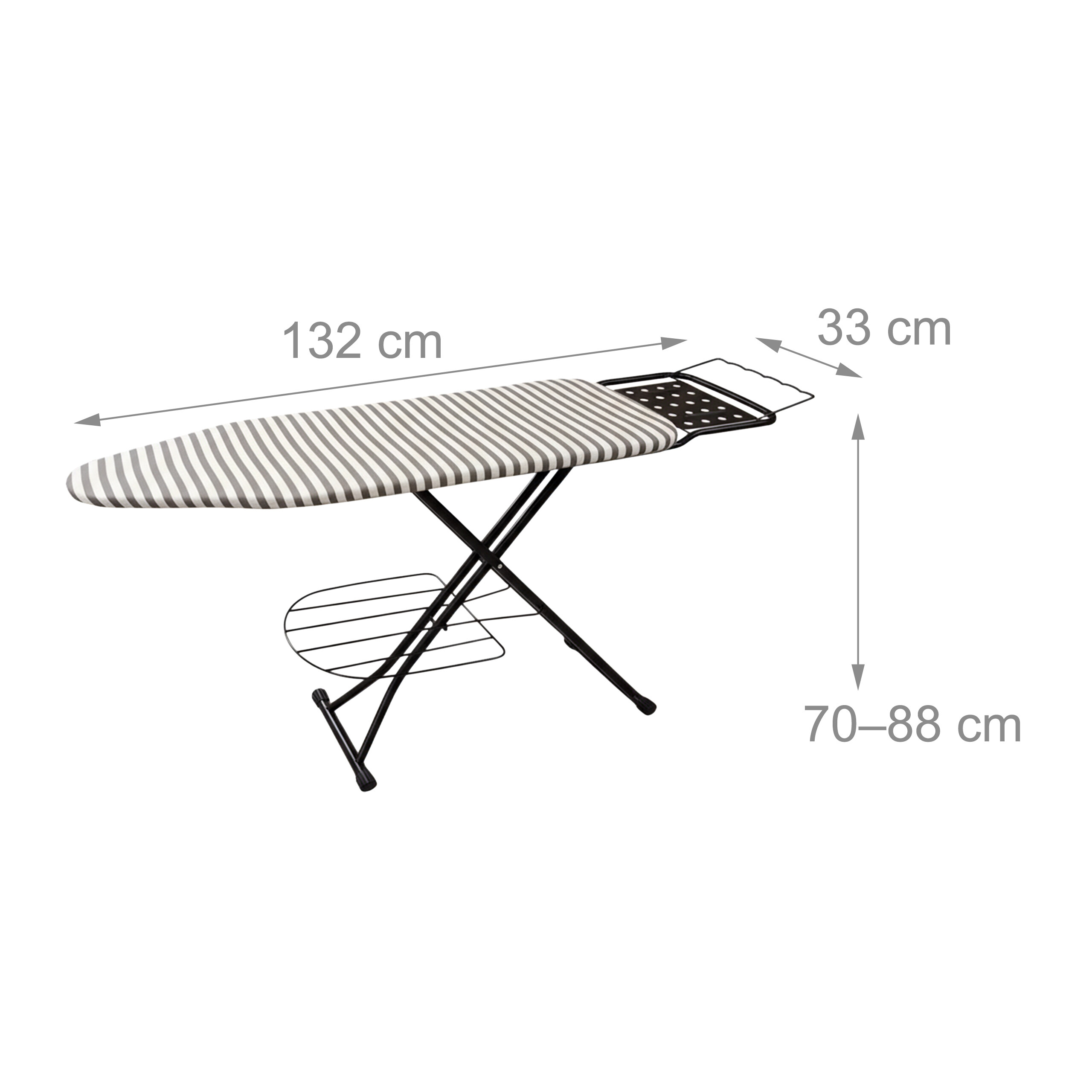 Grau-weißer Bügelbrett mit Maßen: 132 cm lang, 33 cm breit und 70-88 cm hoch.