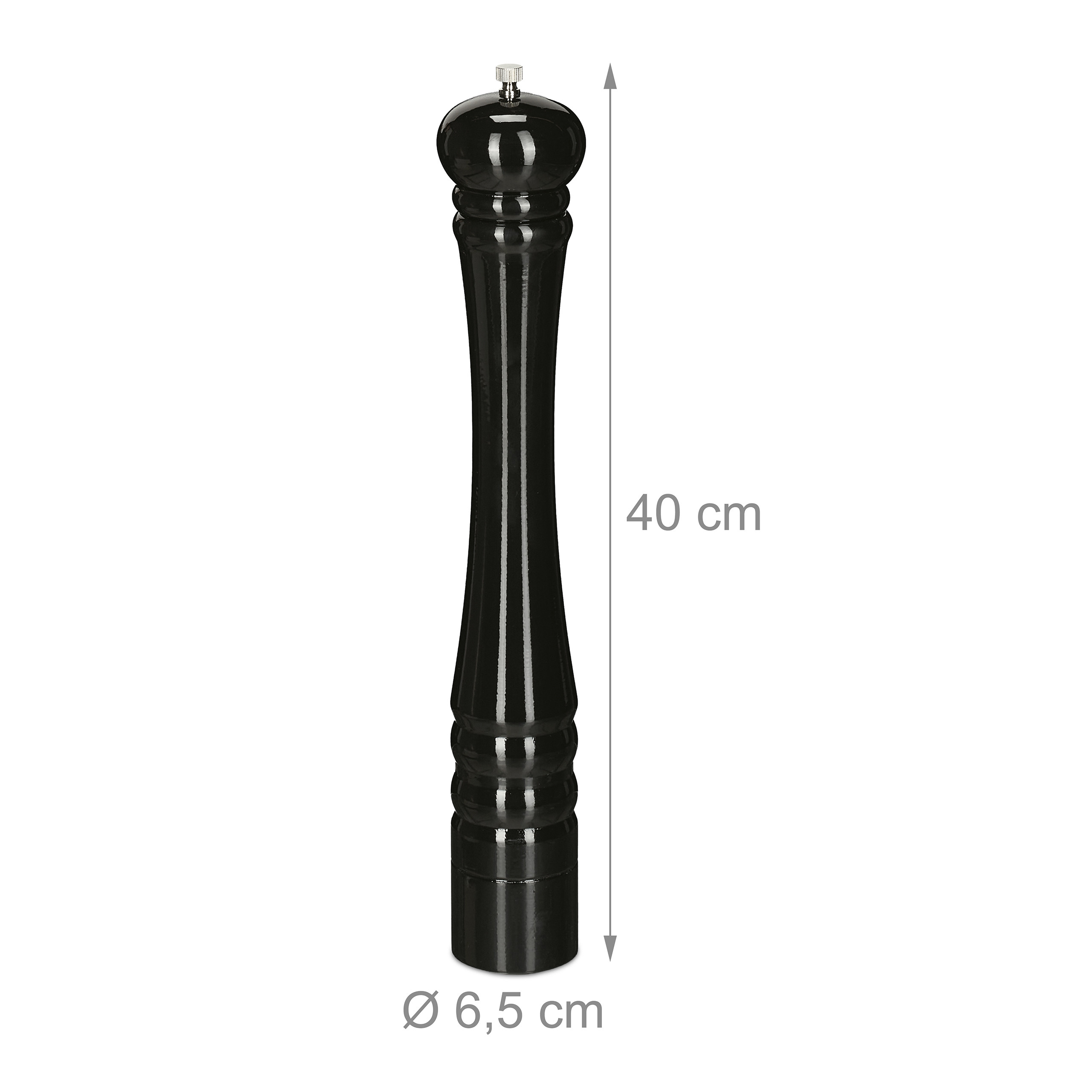 Grosse schwarze Pfeffermühle aus Holz, 40 cm hoch und 6,5 cm im Durchmesser, vor weißem Hintergrund.