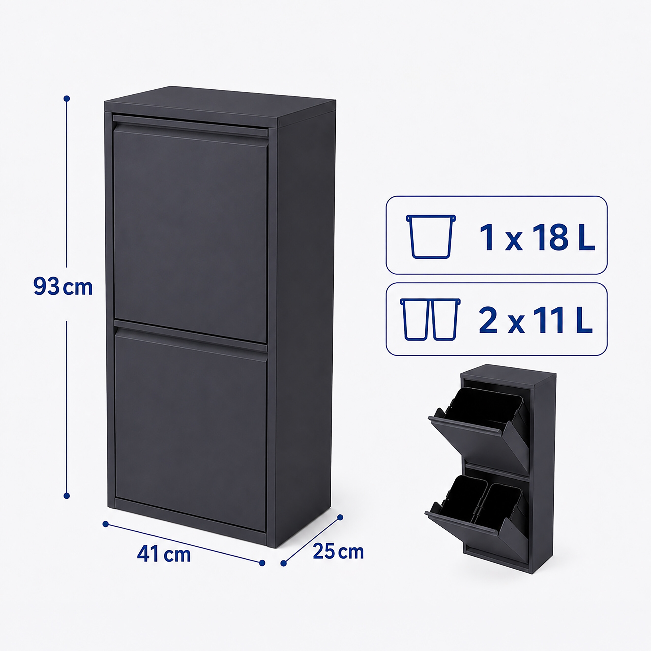 Ein schwarzer Doppel-Recyclingbehälter mit den Maßen 93x41x25cm und Innenkapazitäten.