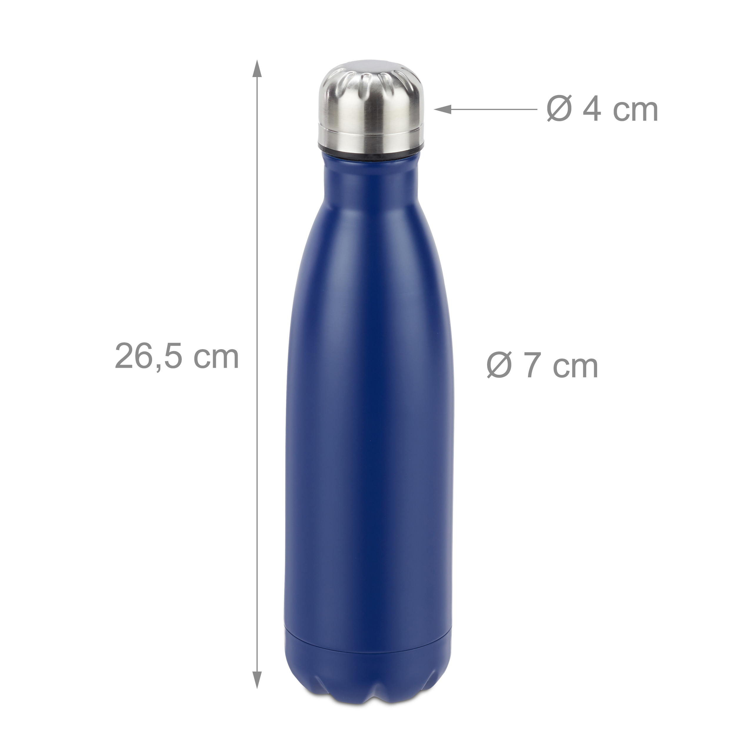 Blaue Metalltrinkflasche mit Maßen: Höhe 26,5 cm, Durchmesser 7 cm und Deckeldurchmesser 4 cm.