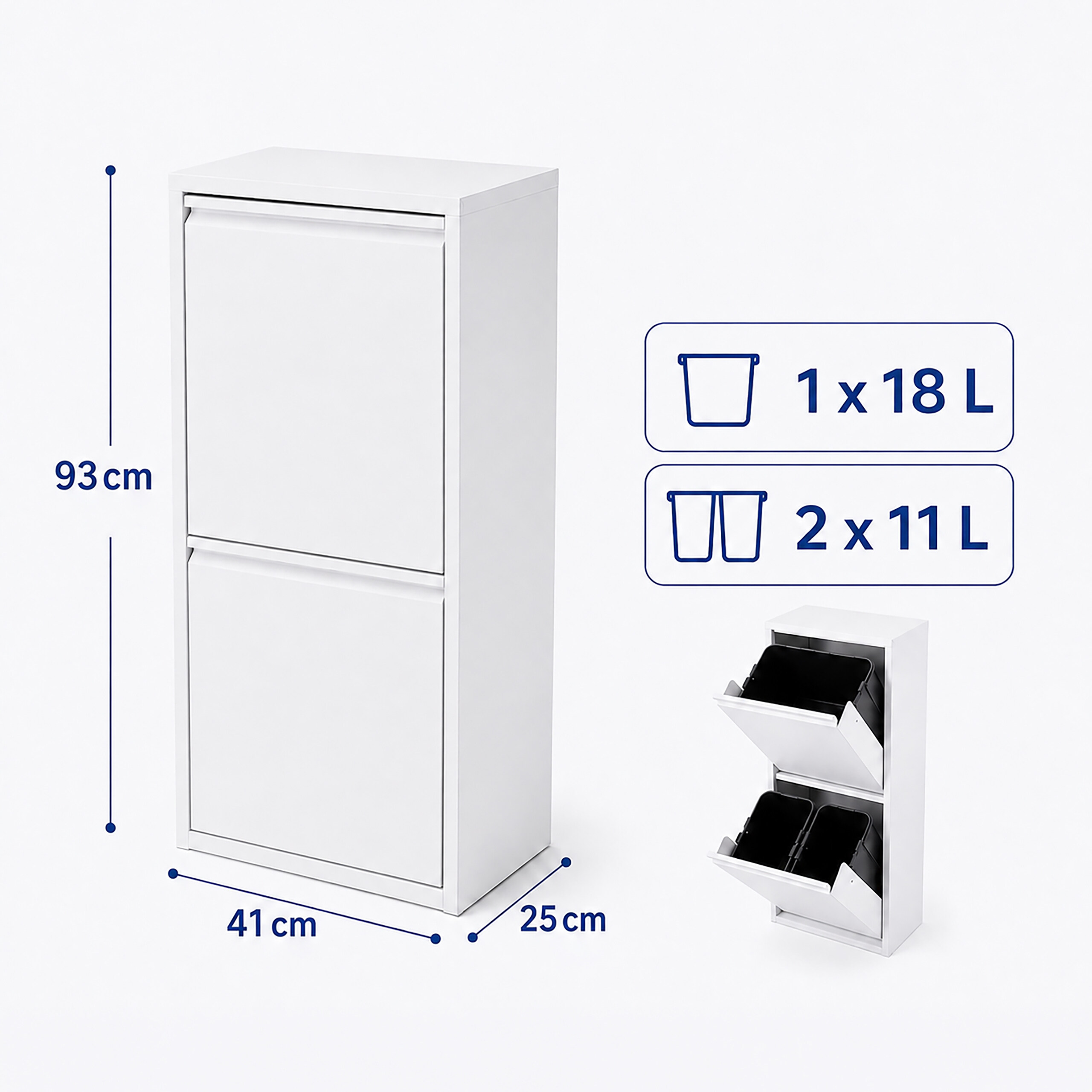 Weißer Mülleimerschrank mit Maßen (93x41x25cm), Symbolen für das Fassungsvermögen und geöffneten Fächern mit schwarzen Eimern.