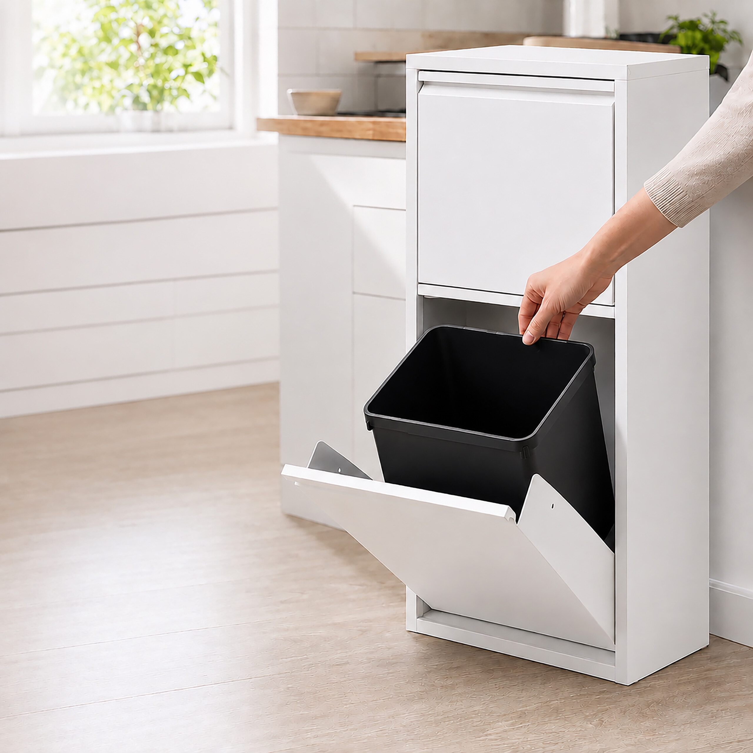 Person zieht einen schwarzen Mülleimer aus einem weißen Kippschrank in einer hellen Küche.