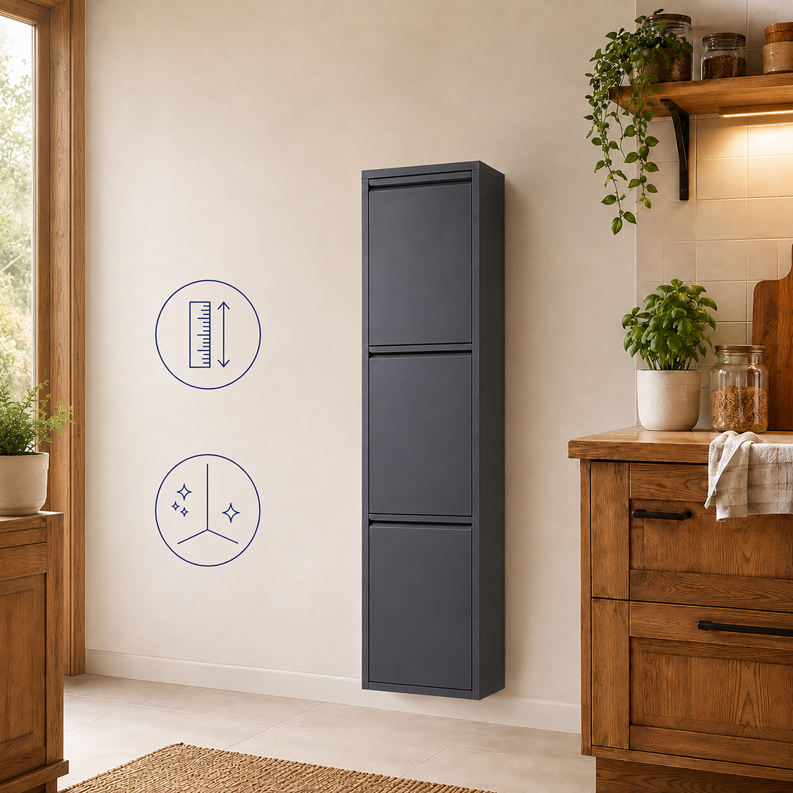 Ein hoher, grauer, schmaler Hängeschrank in einer Küche mit Holzschränken und Pflanzen.