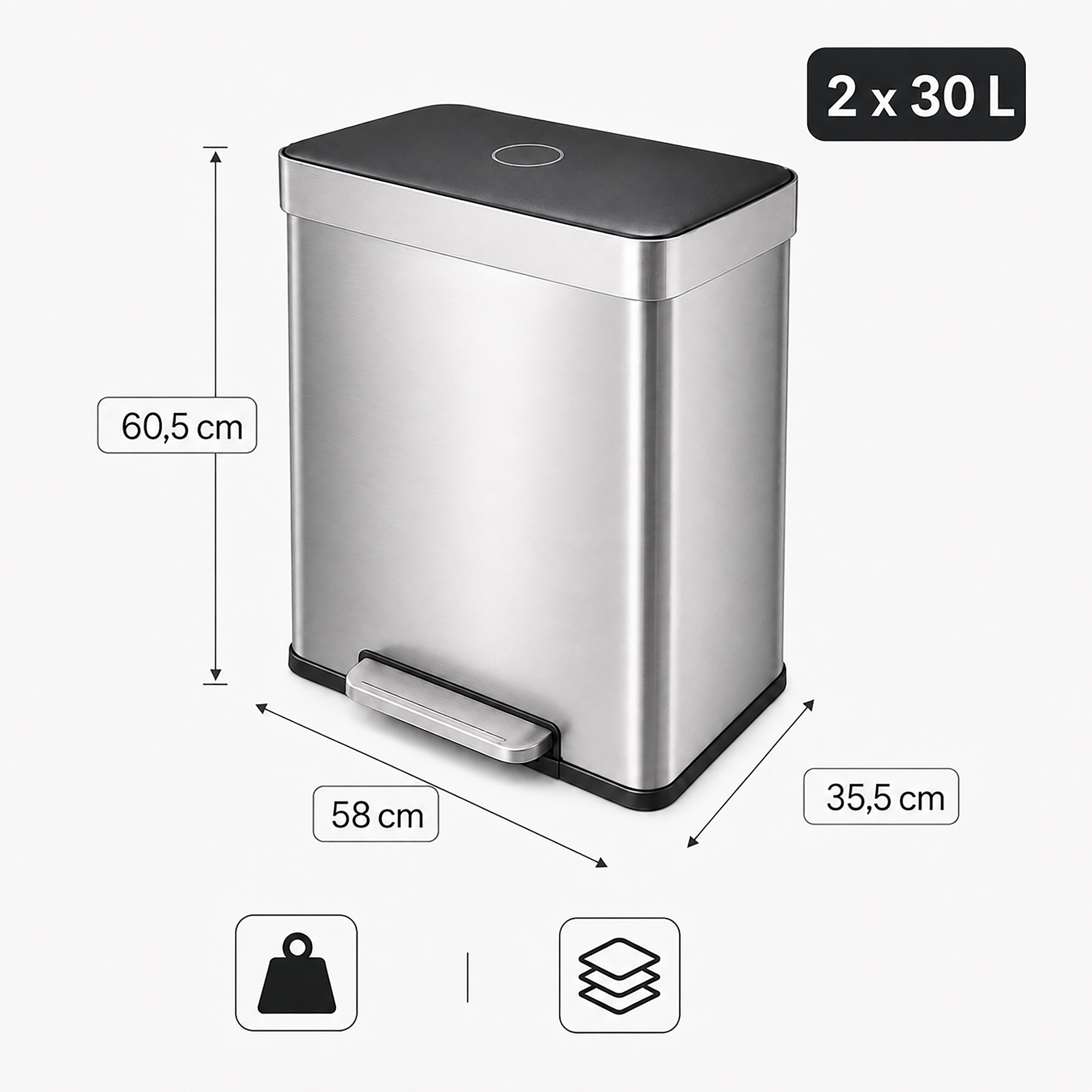 Edelstahl Mülleimer mit Maßen und 2x30L Fassungsvermögen auf weißem Grund.