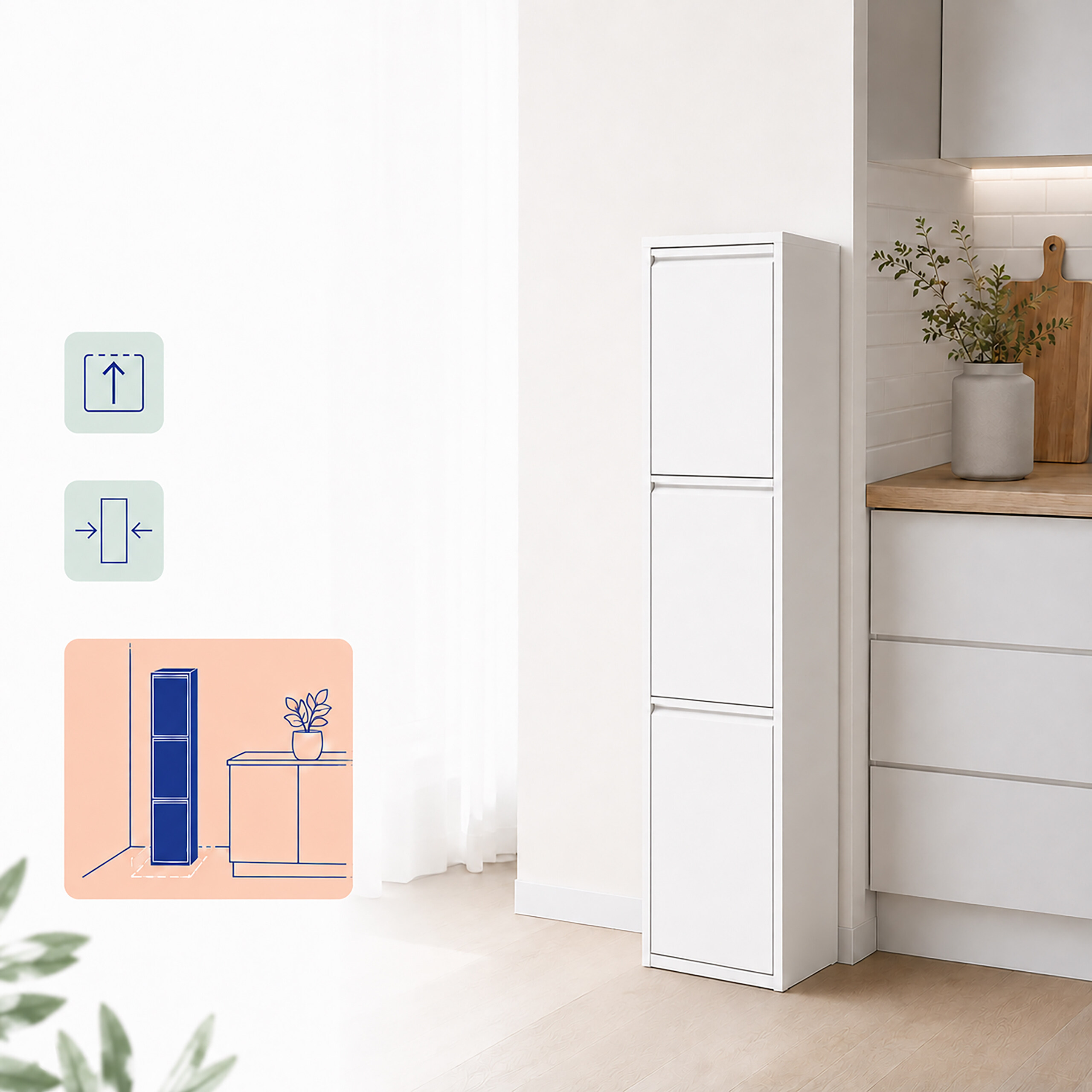 Ein hoher weißer Schrank steht neben Küchenarbeitsplatten, links sind Maßdiagramme eingeblendet.