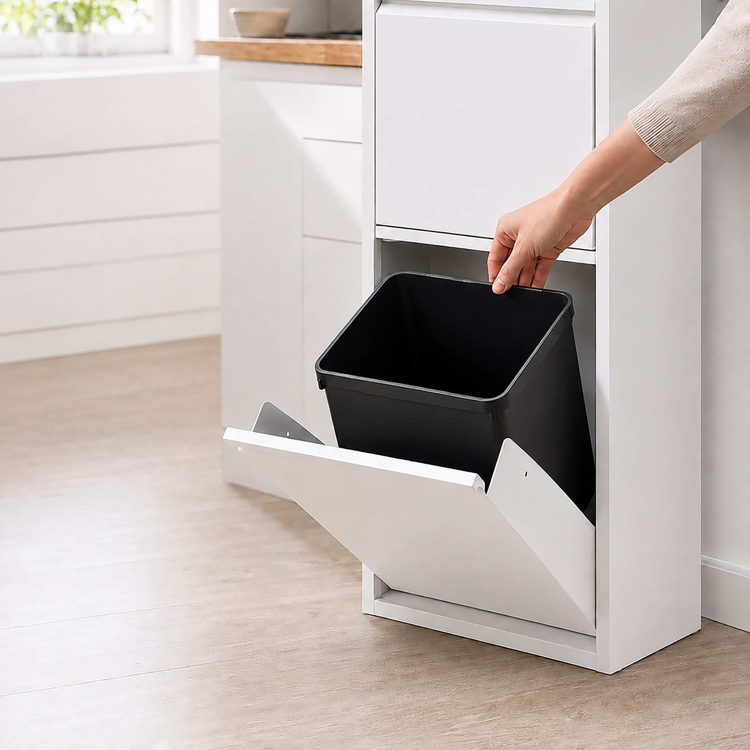 Eine Hand zieht einen schwarzen Mülleimer aus einem weißen Küchenschrank.
