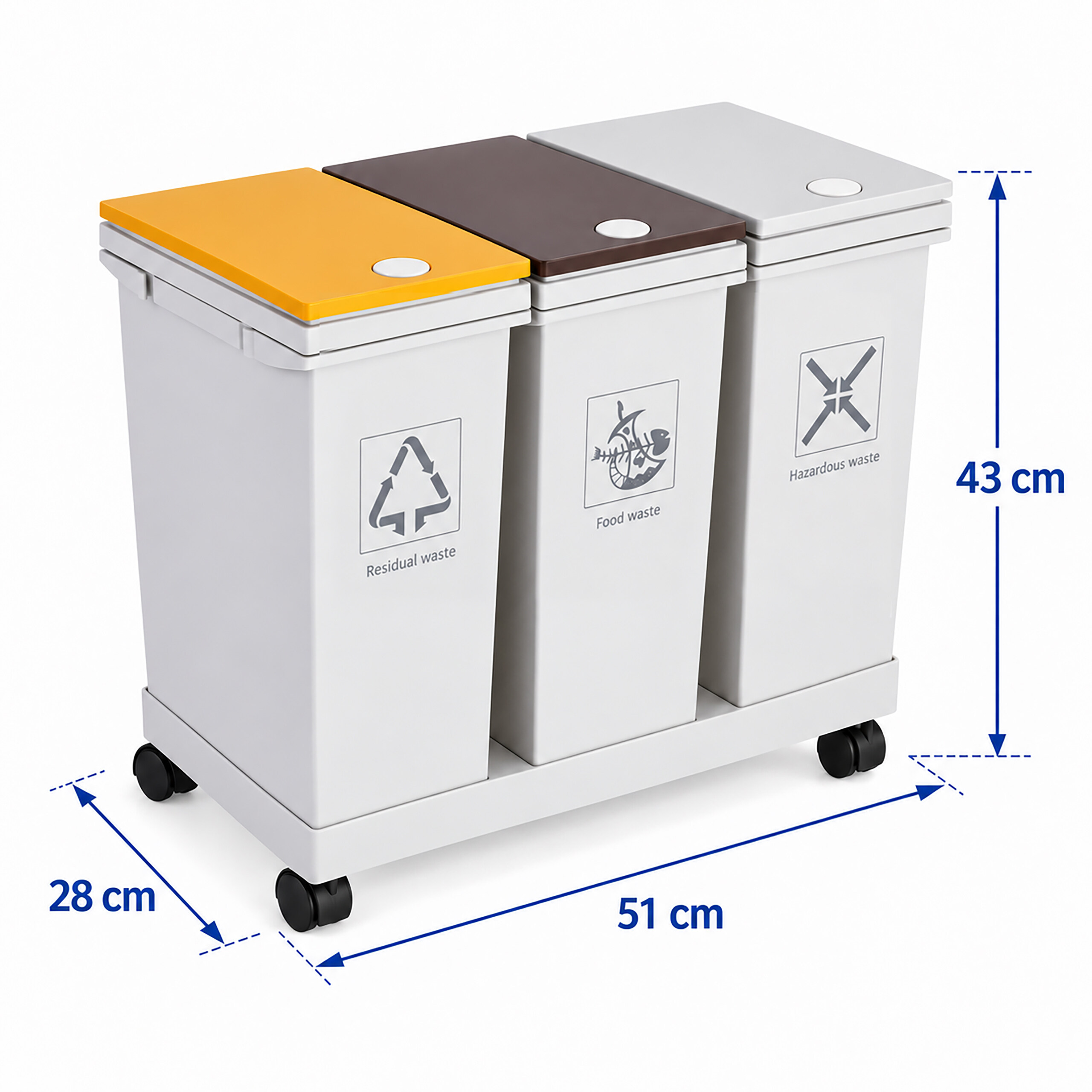 Drei weiße Recycling-Mülleimer auf Rollen mit gelbem, braunem und weißem Deckel sowie Maßen.