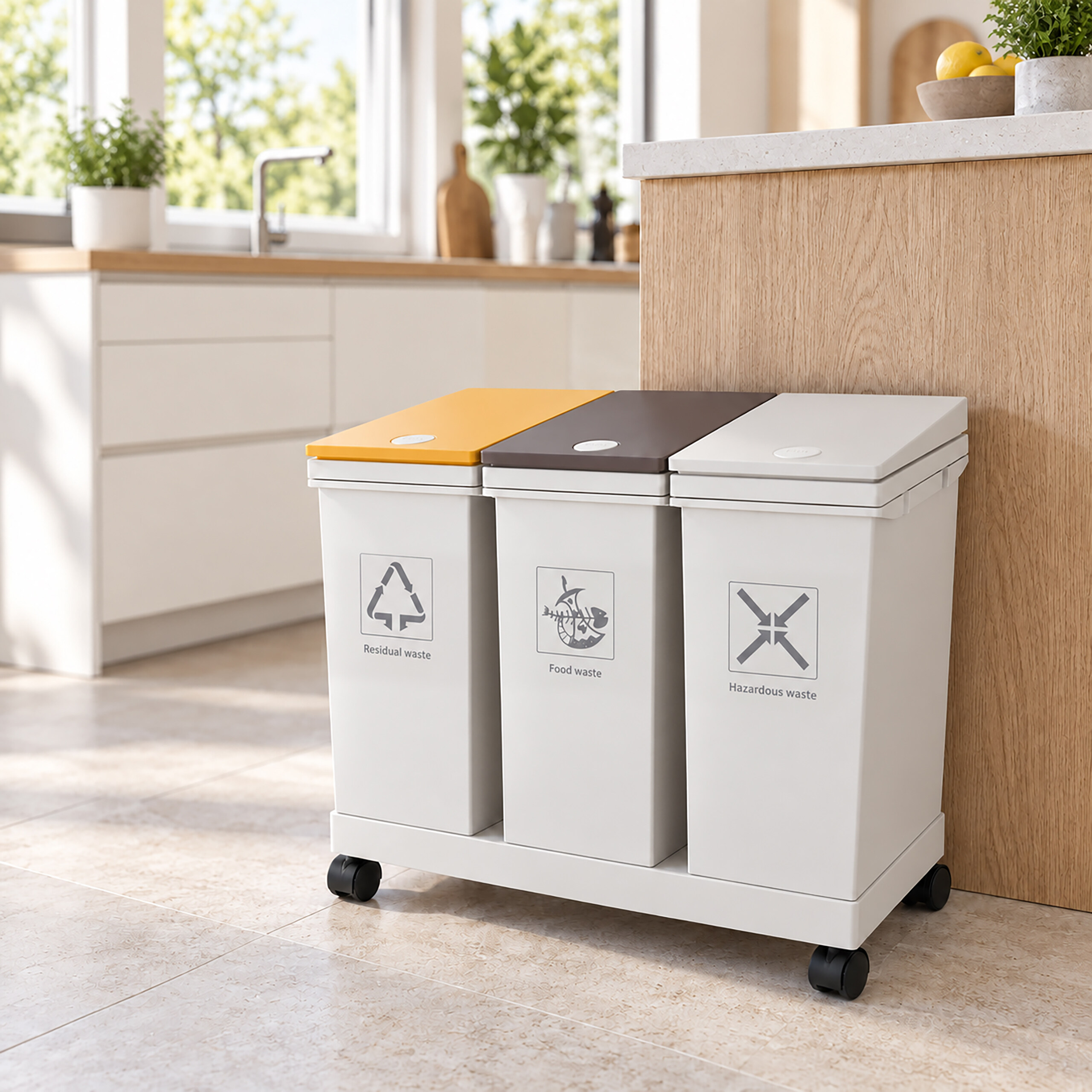 Drei weiße Recycling-Mülleimer auf Rädern in einer modernen Küche, beschriftet für Restmüll, Bio- und Problemüll.