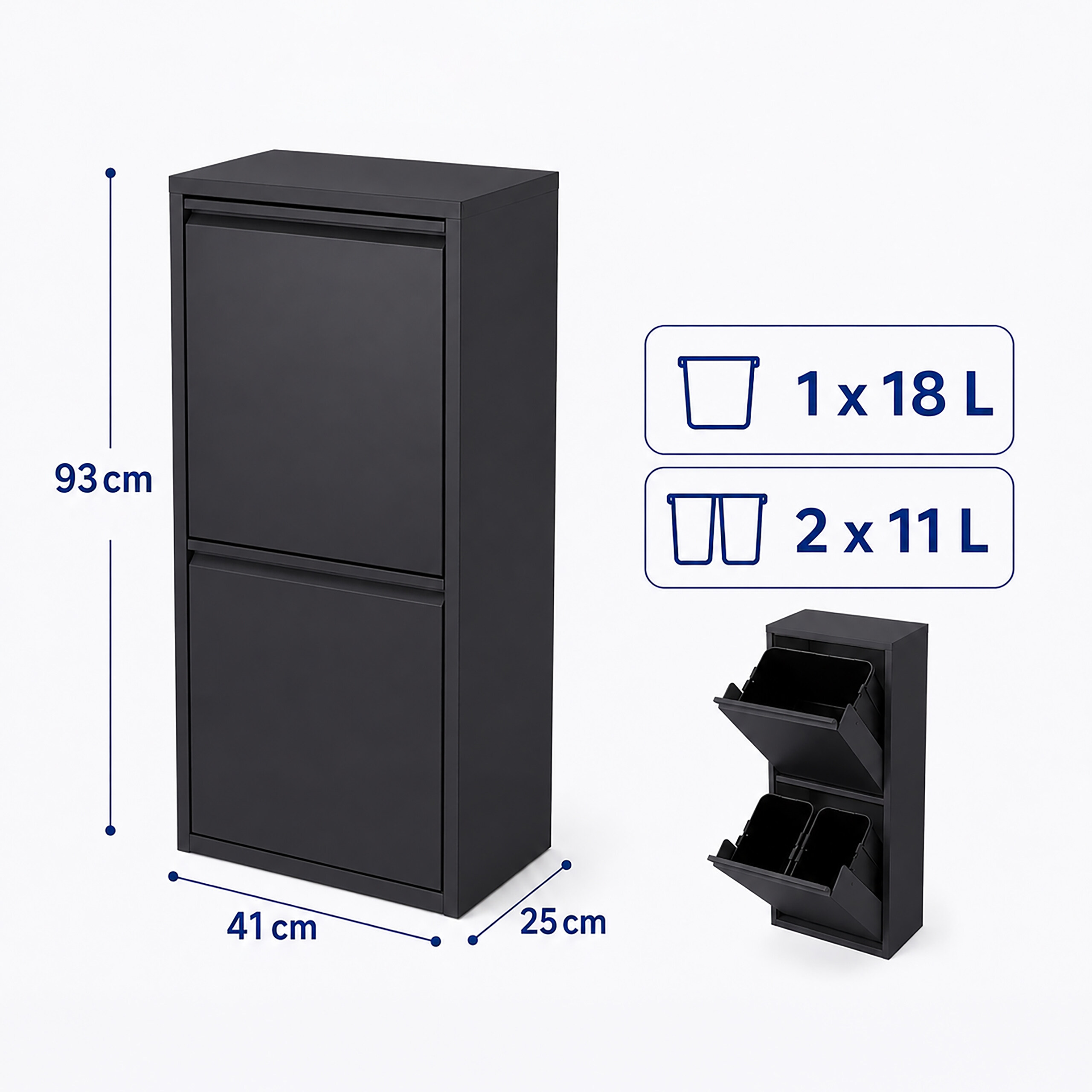 Ein schwarzer Schrank mit zwei Fächern und Maßangaben: 93x41x25 cm, inkl. Abfalleimern.