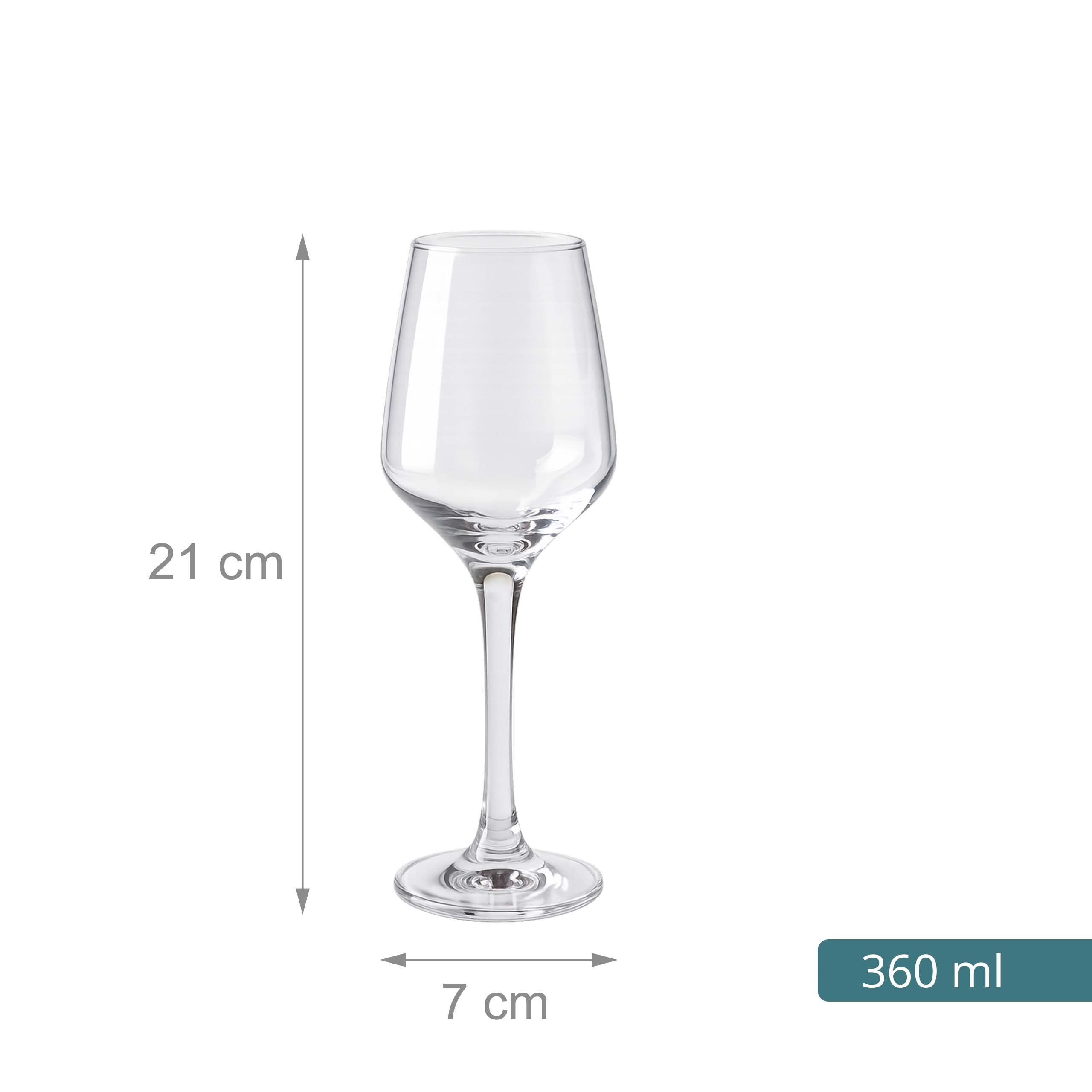 Ein klares Weinglas, 21 cm hoch, 7 cm breit und mit 360 ml Fassungsvermögen auf weißem Hintergrund.