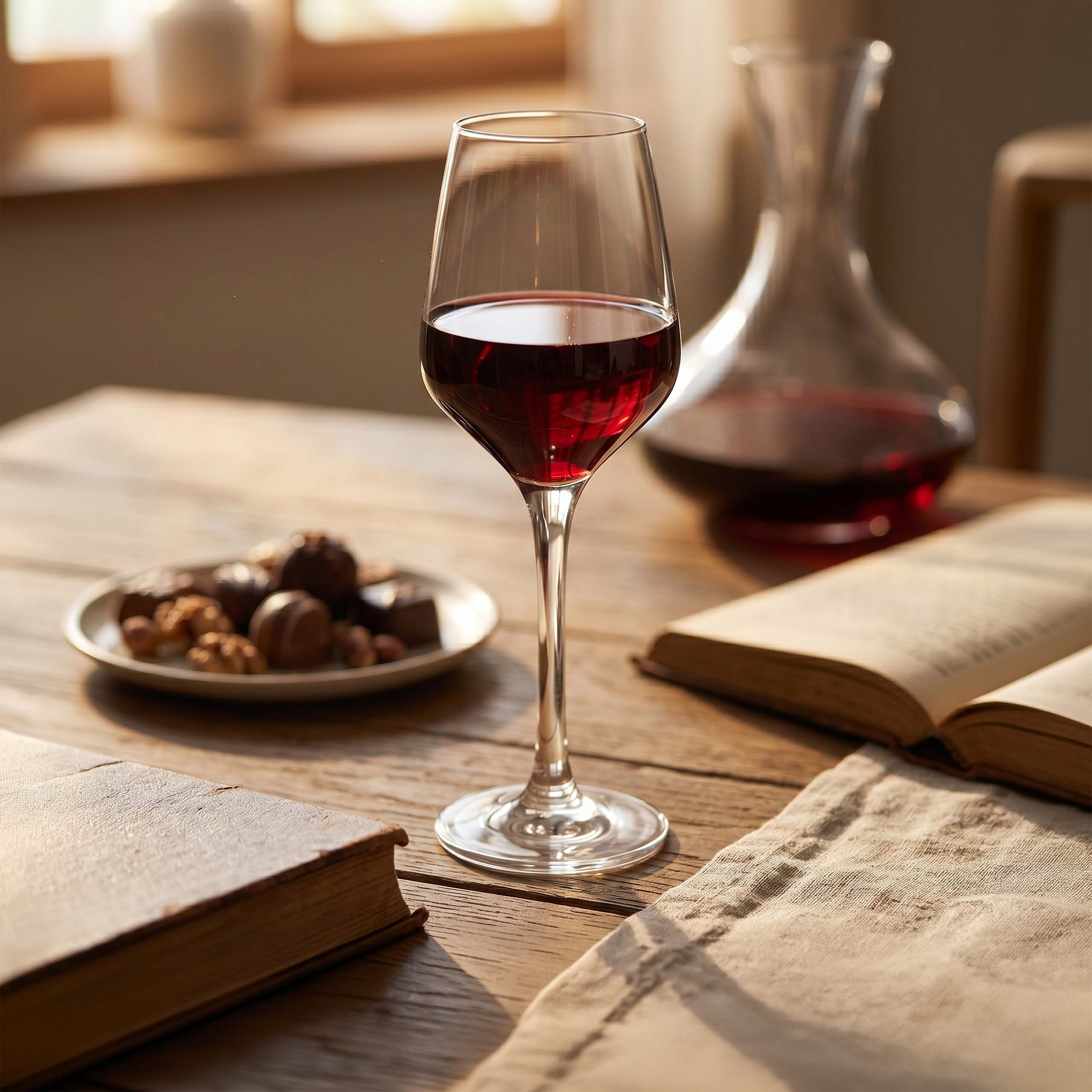 Ein Glas Rotwein steht auf einem Holztisch neben Büchern und einer Schale mit Pralinen.
