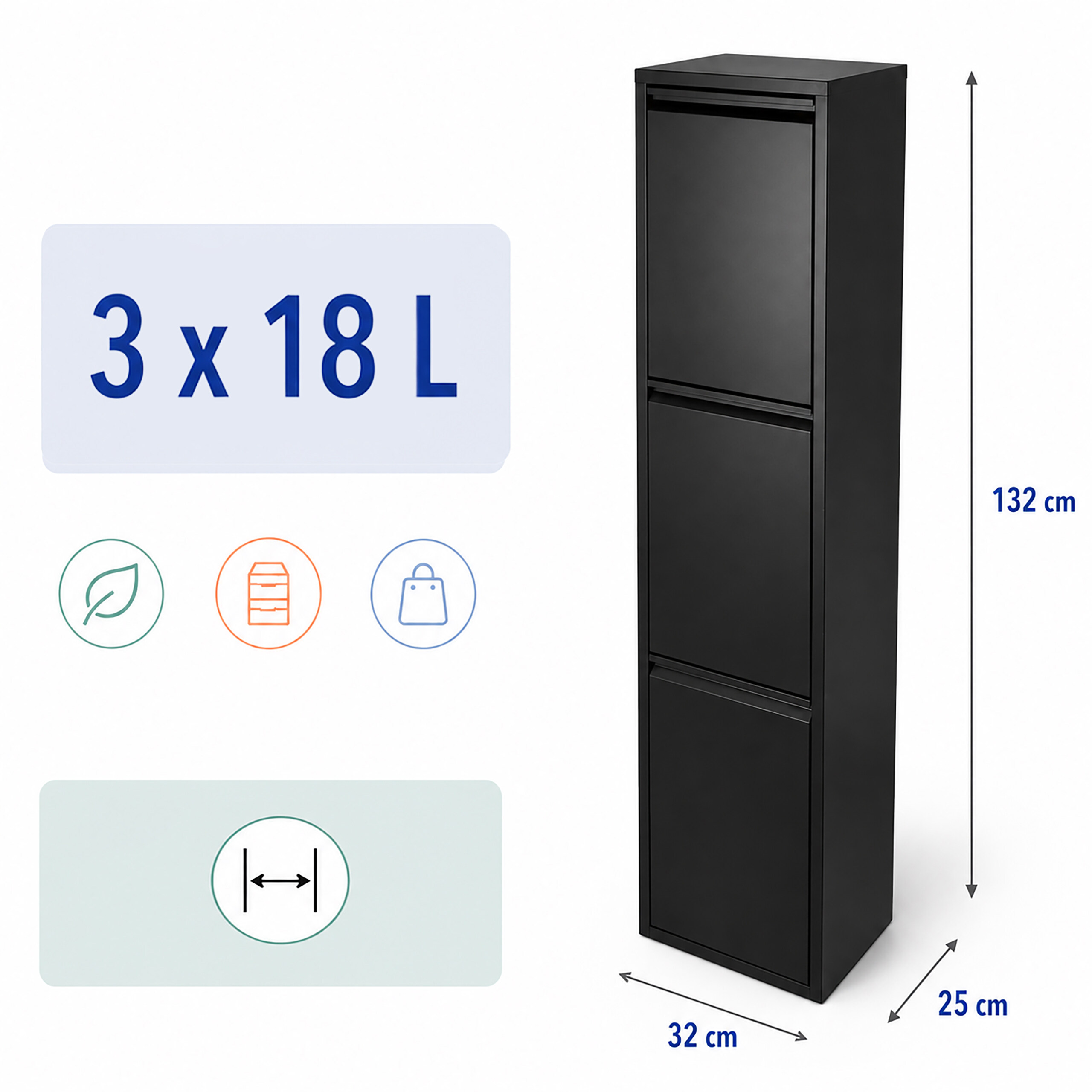 Schwarzer Mülleimer mit 3 Fächern, 54L Gesamtvolumen, mit Maßangaben und Symbolen auf weißem Hintergrund.