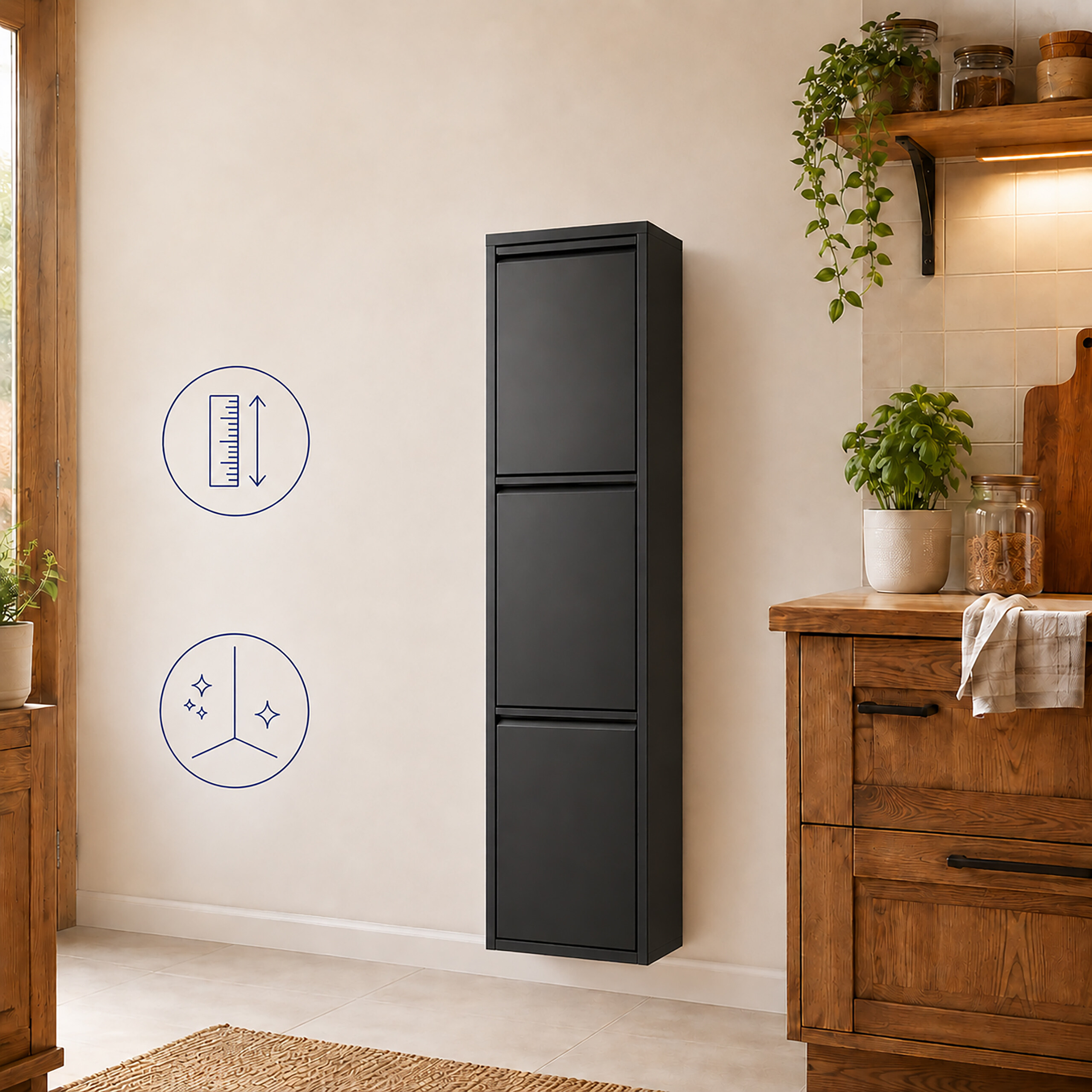 Ein hoher schwarzer Wand-Schuhschrank steht in einer Küche neben einer Holztheke mit Pflanzen und einem Regal.
