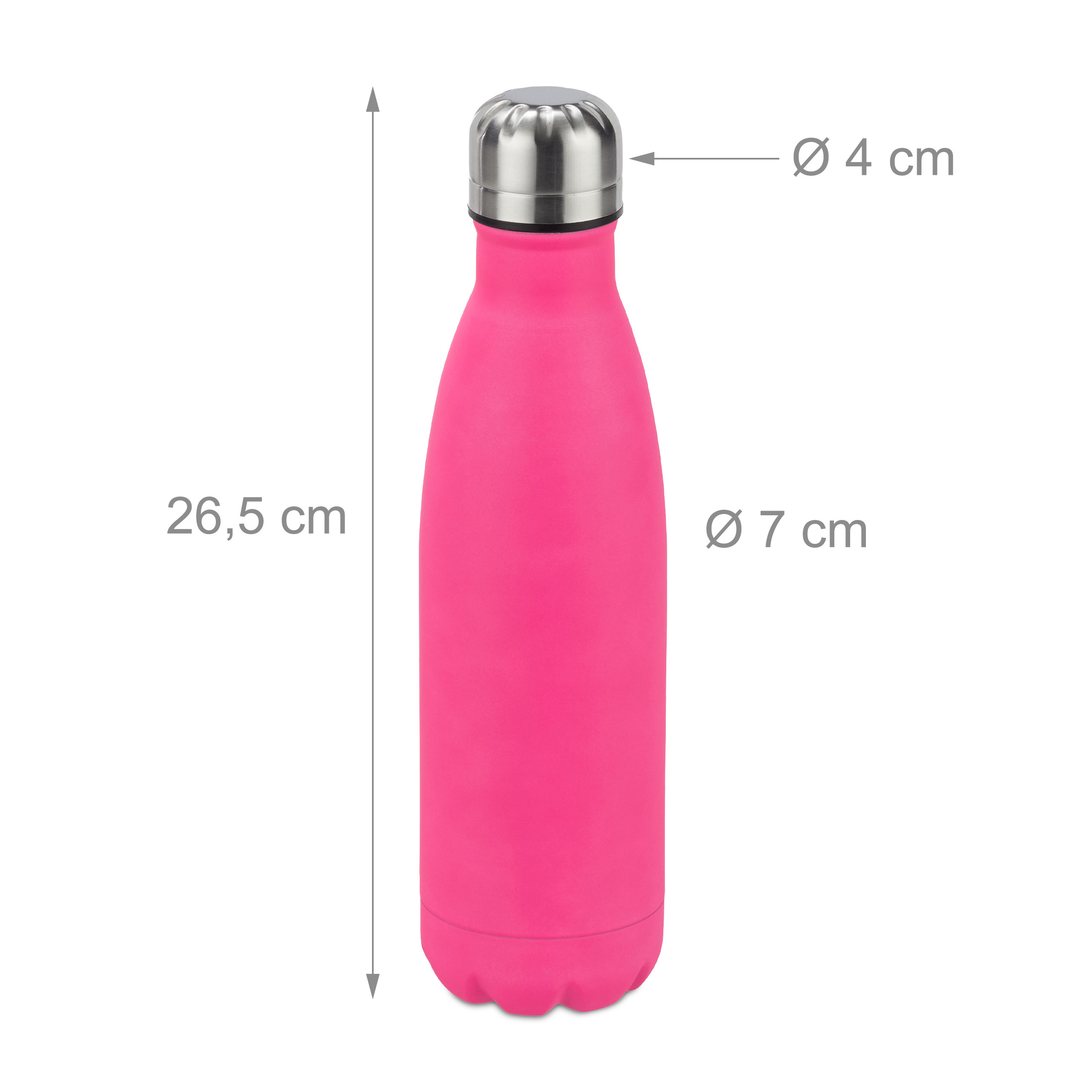 Pinkfarbene Isolierflasche mit Maßangaben: 26,5 cm Höhe, 7 cm Bodendurchmesser und 4 cm Öffnungsdurchmesser.