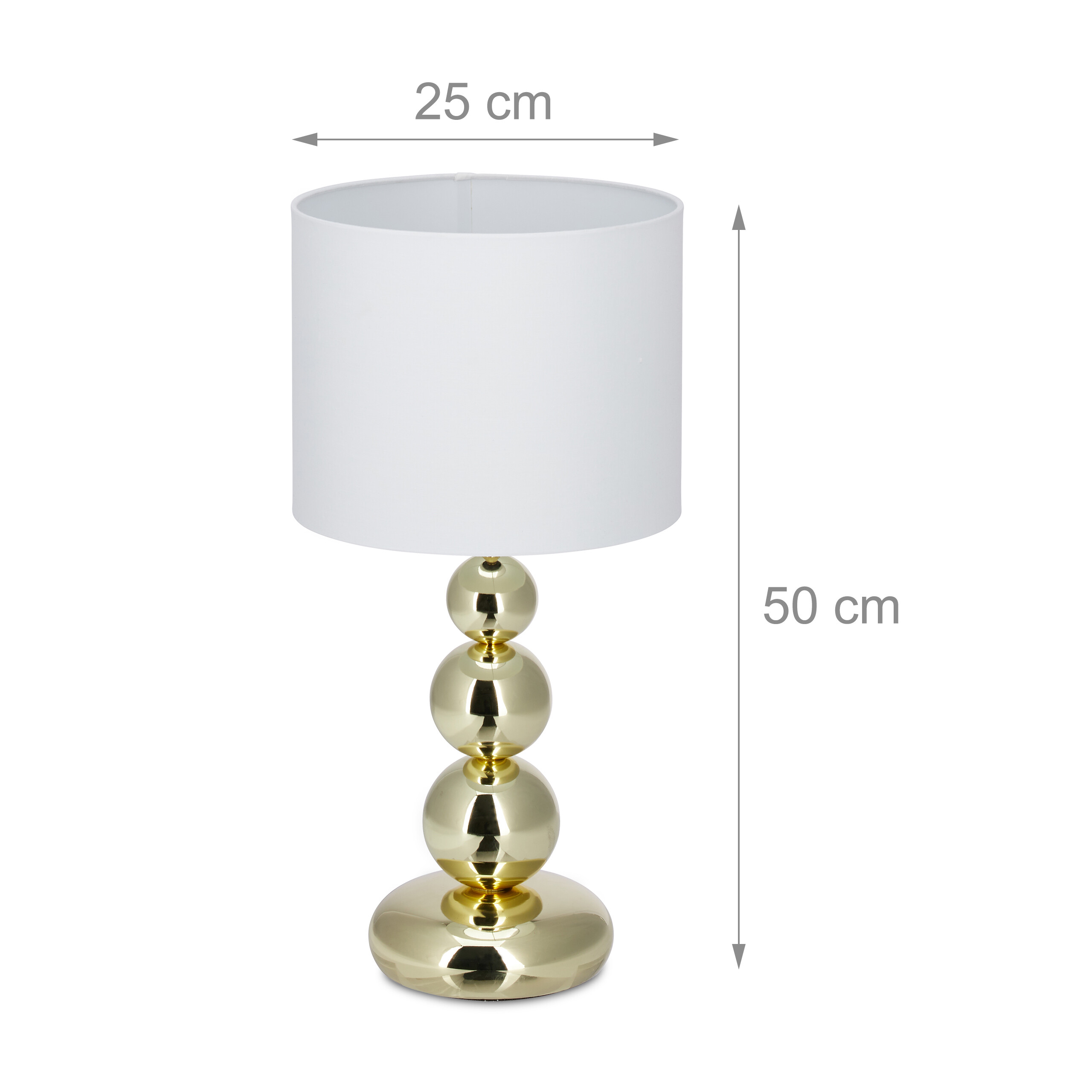 Eine Tischlampe mit goldenen Kugeln als Fuß und weißem Schirm. Höhe 50 cm, Breite 25 cm.