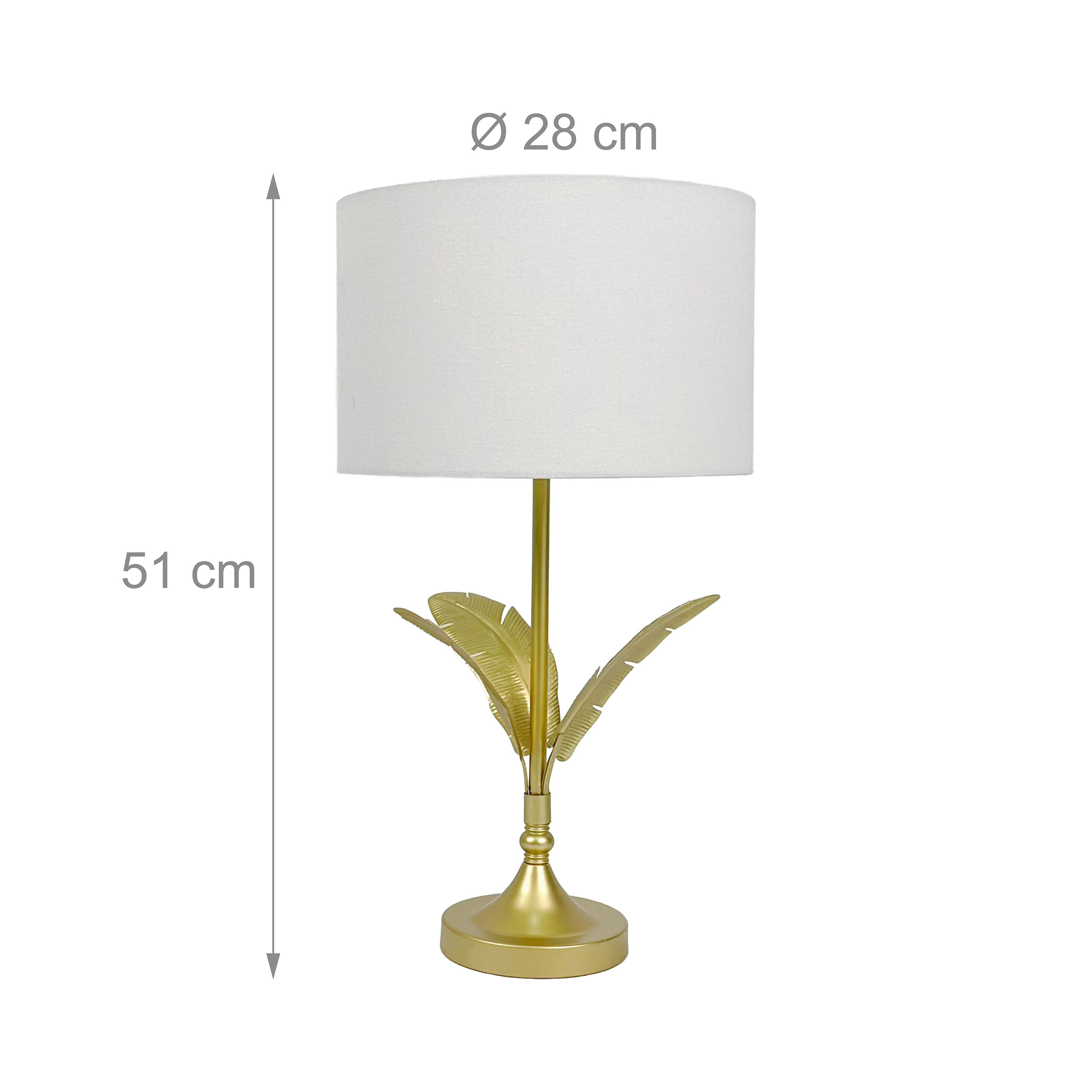 Goldene Tischlampe mit weißem Schirm und Blatt-Details, 51 cm hoch, 28 cm Durchmesser.