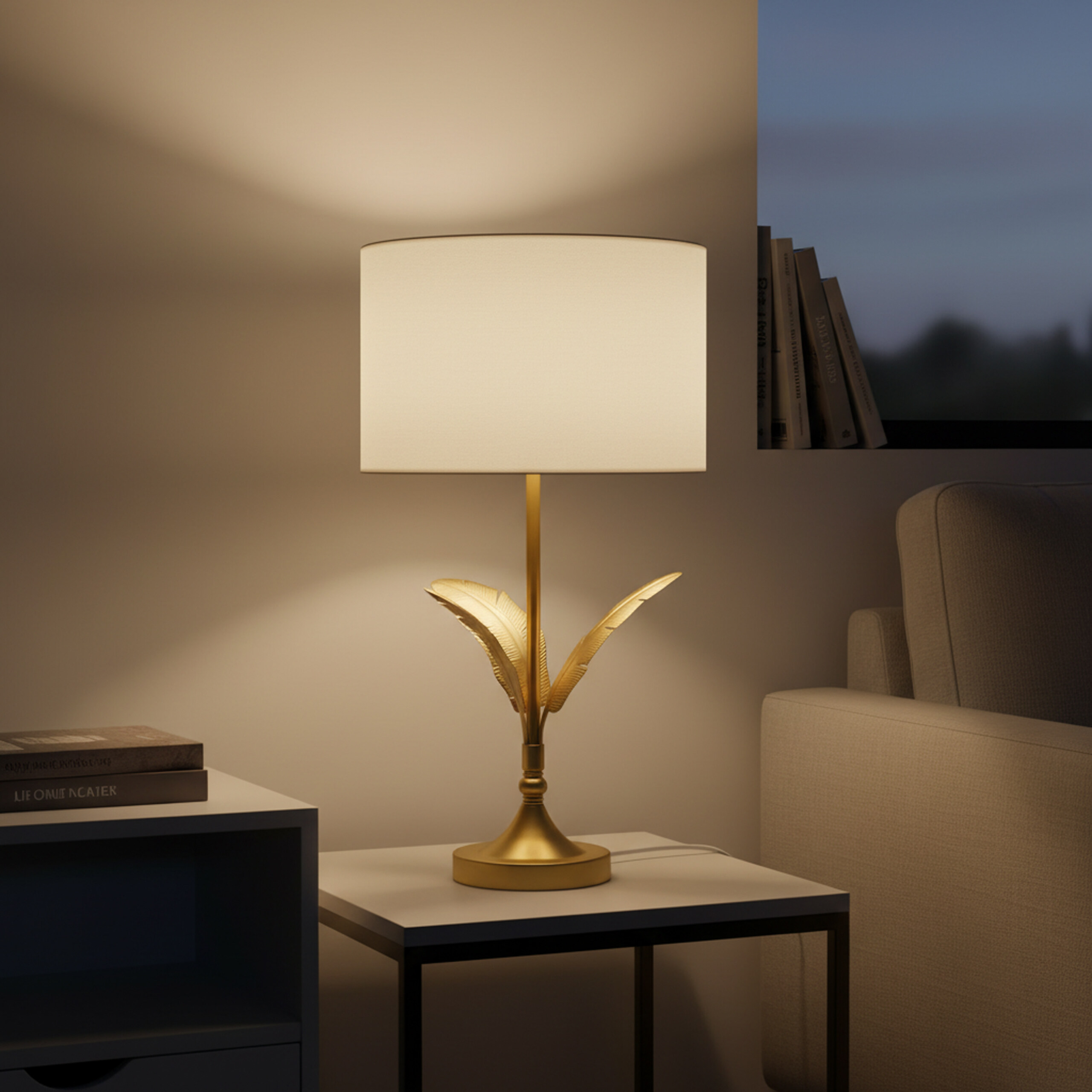 Eine beleuchtete goldene Tischlampe mit weißem Schirm und Federfuß steht auf einem Beistelltisch neben einem Sofa.