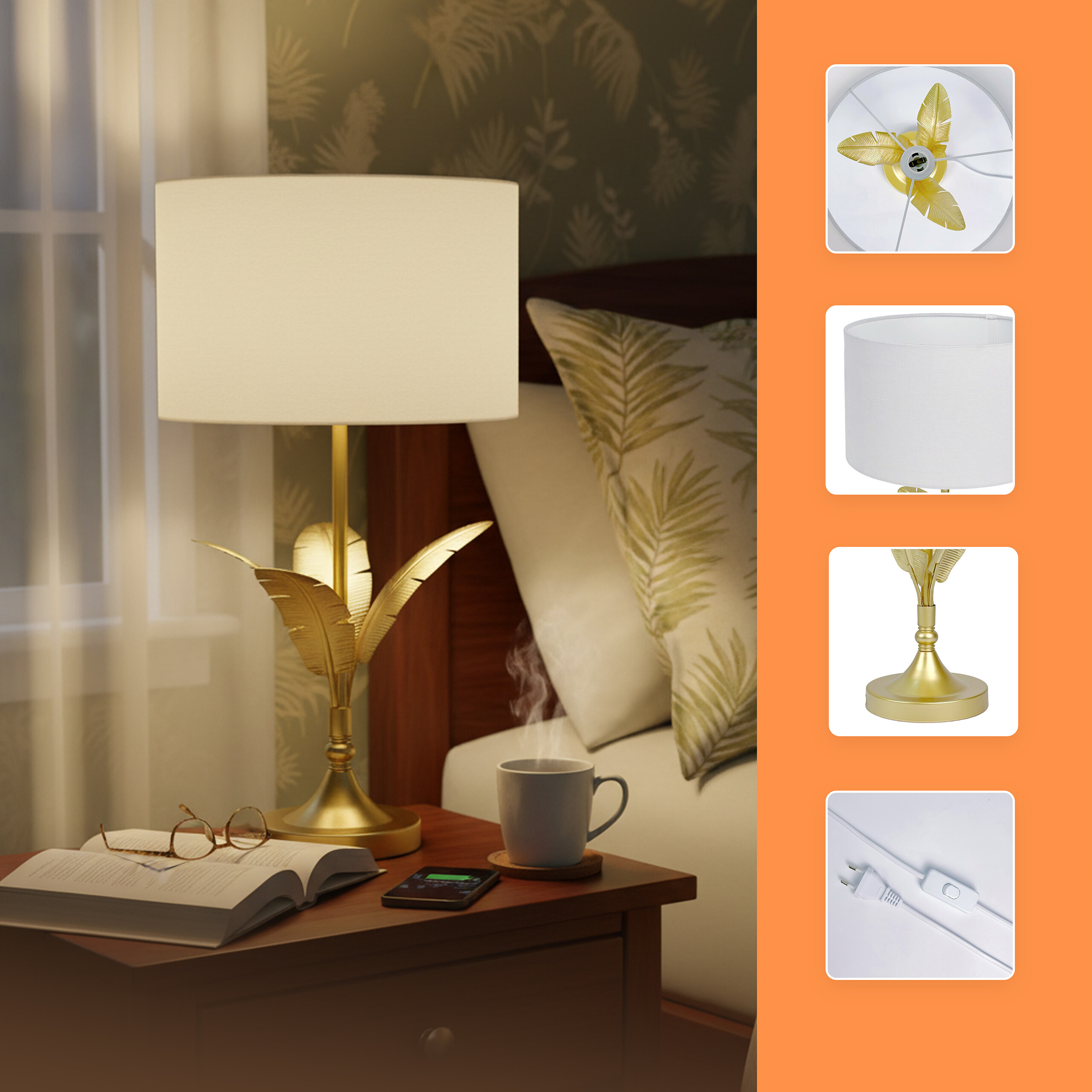 Goldene Tischlampe mit Blattdekor auf Nachttisch neben Buch und rauchender Tasse.