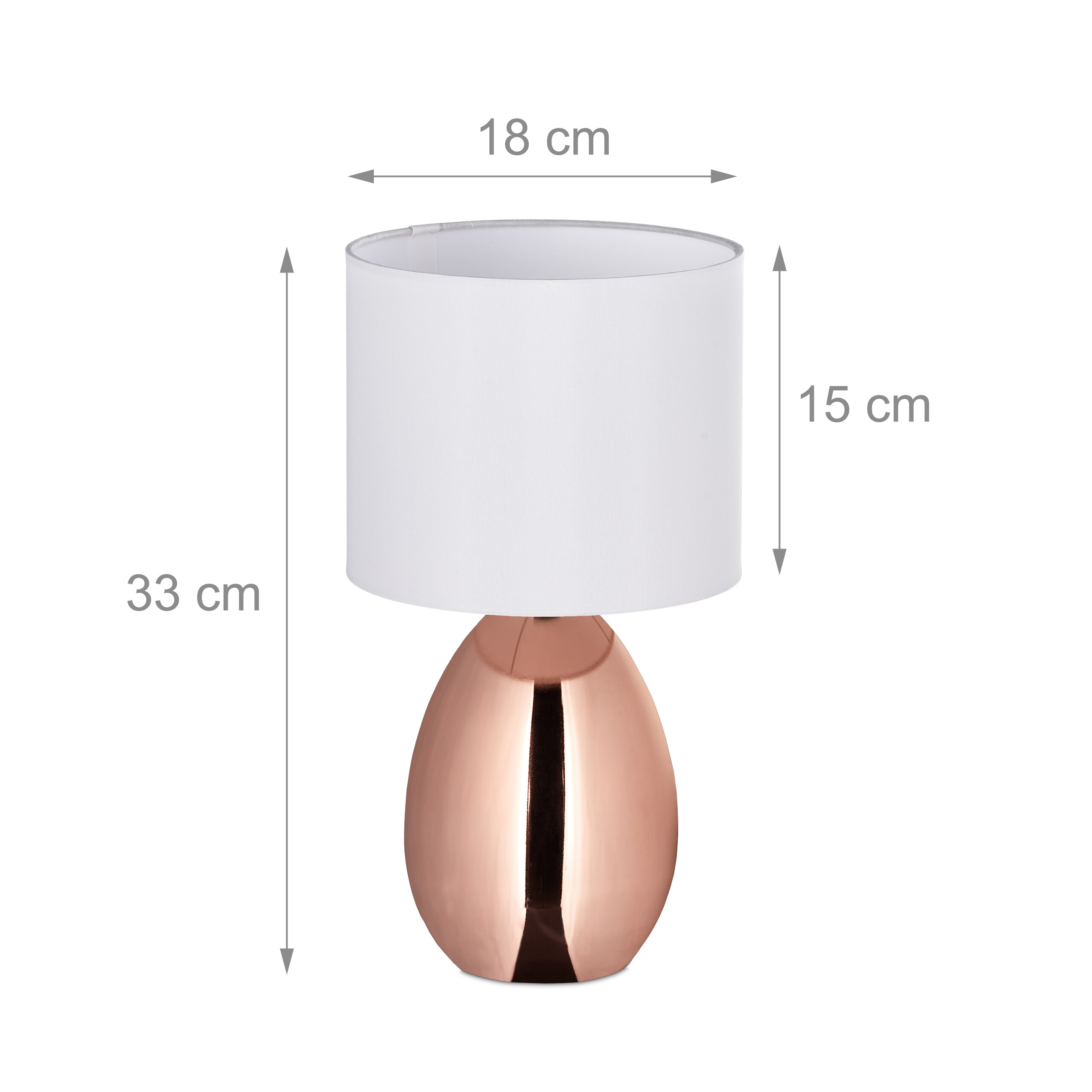 Tischlampe mit glänzendem kupferfarbenem Sockel und weißem Stoffschirm, versehen mit Maßen von 33, 18 und 15 cm.