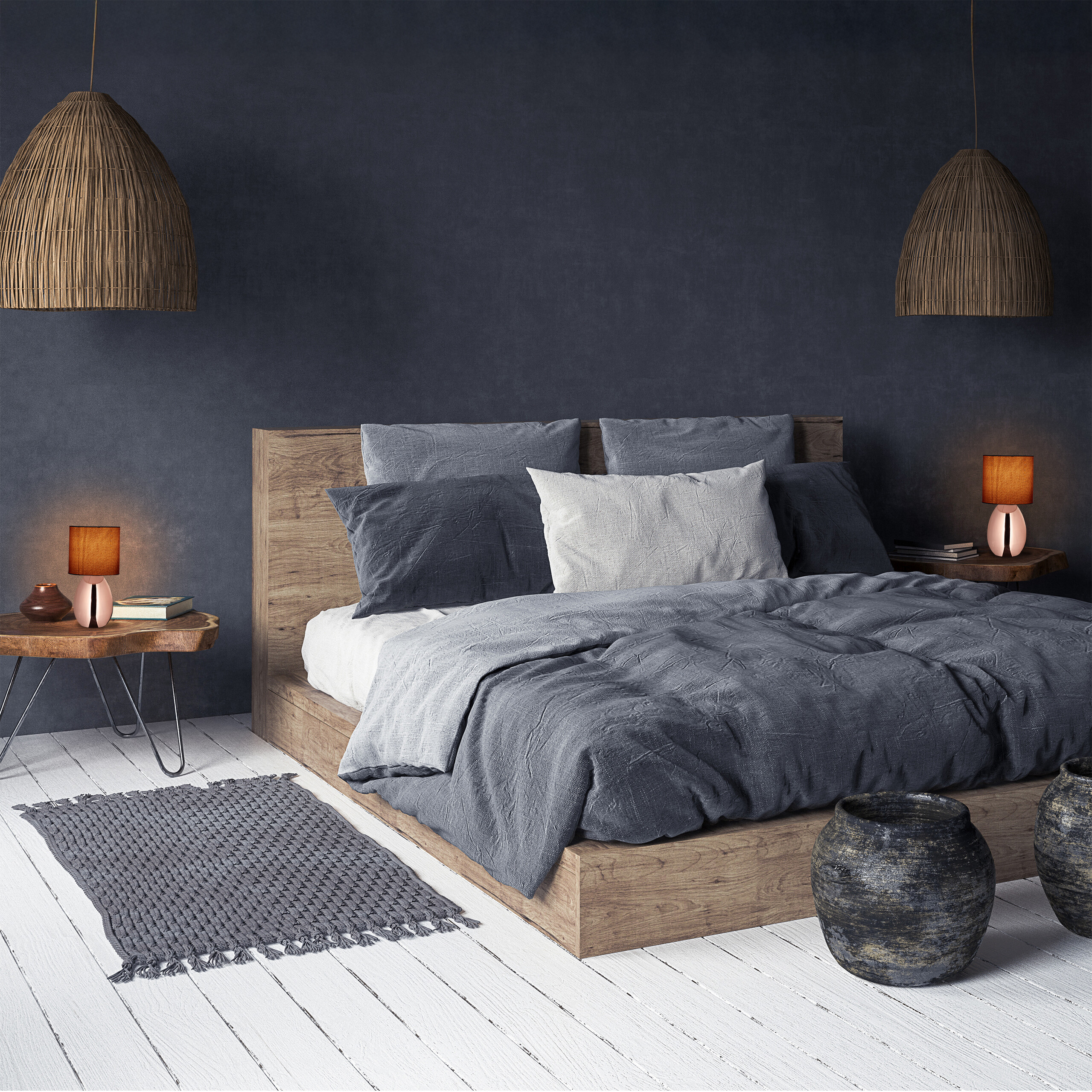 Ein modernes Schlafzimmer mit Holzbett, grauer Bettwäsche, dunklen Wänden, Hängeleuchten und Nachttischlampen.