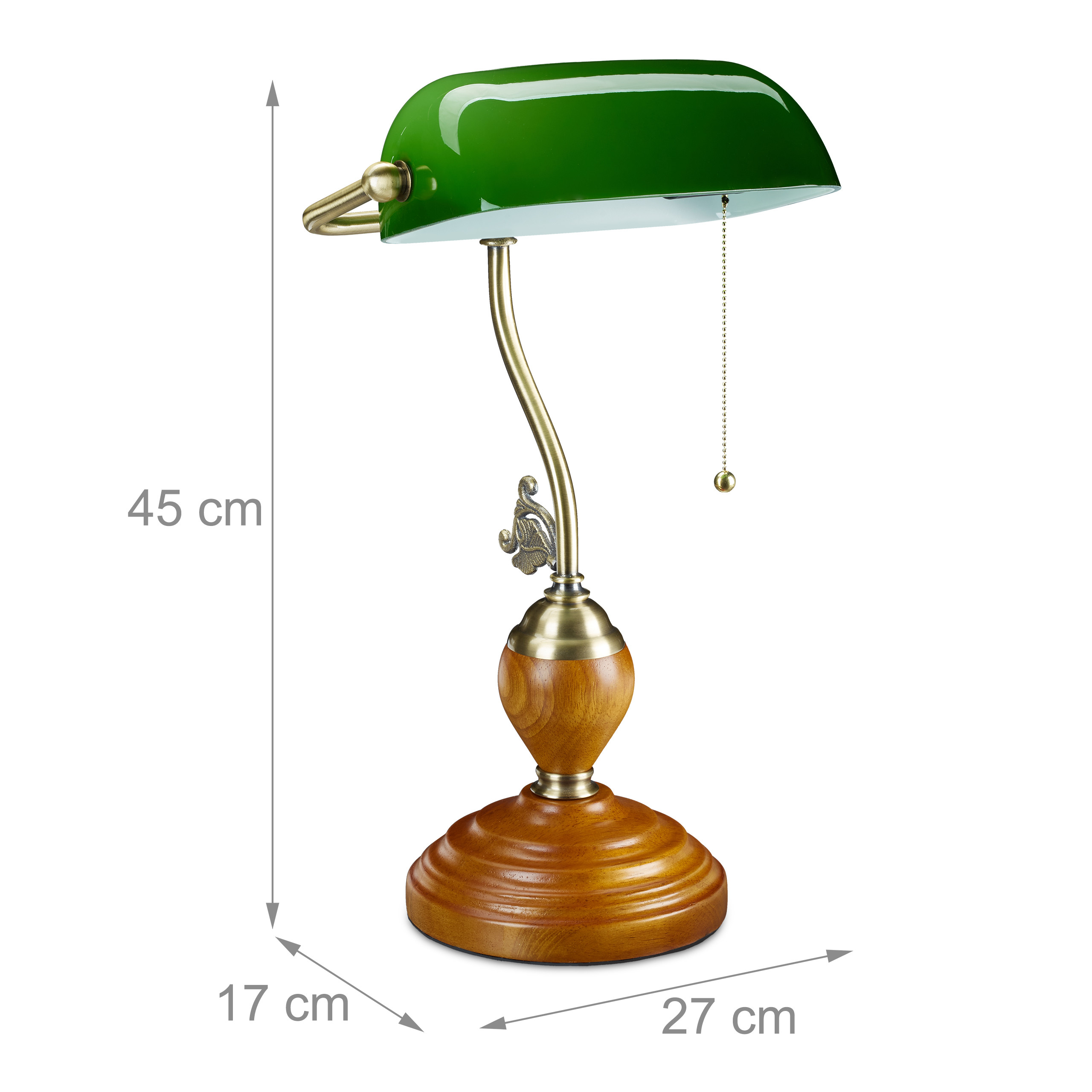 Grüne Banker-Lampe mit Messing- und Holzsockel, Höhe 45 cm, Maße 27x17 cm.