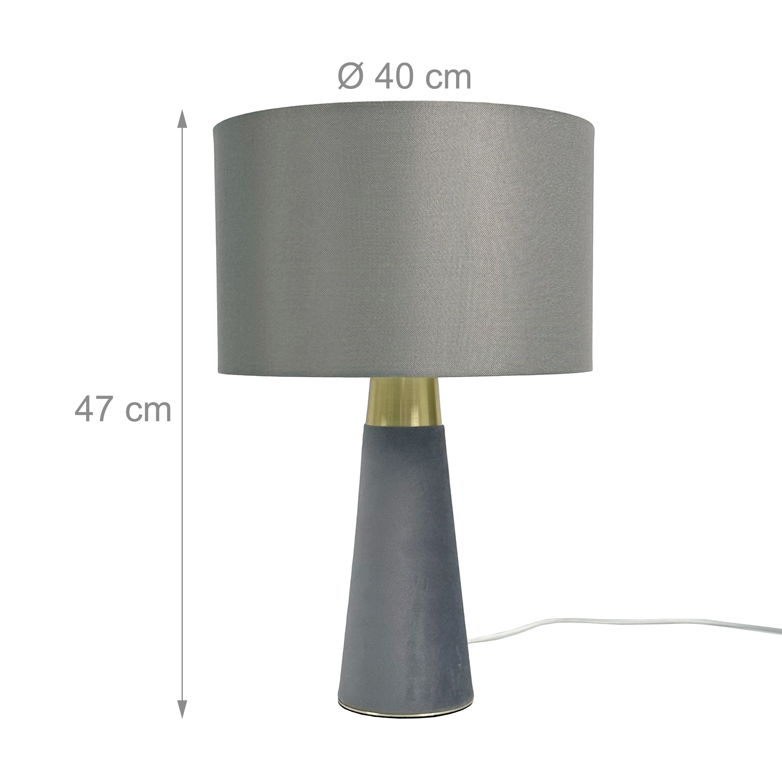Graue Tischlampe mit 40 cm Schirm und 47 cm Höhe sowie goldenem Akzent.