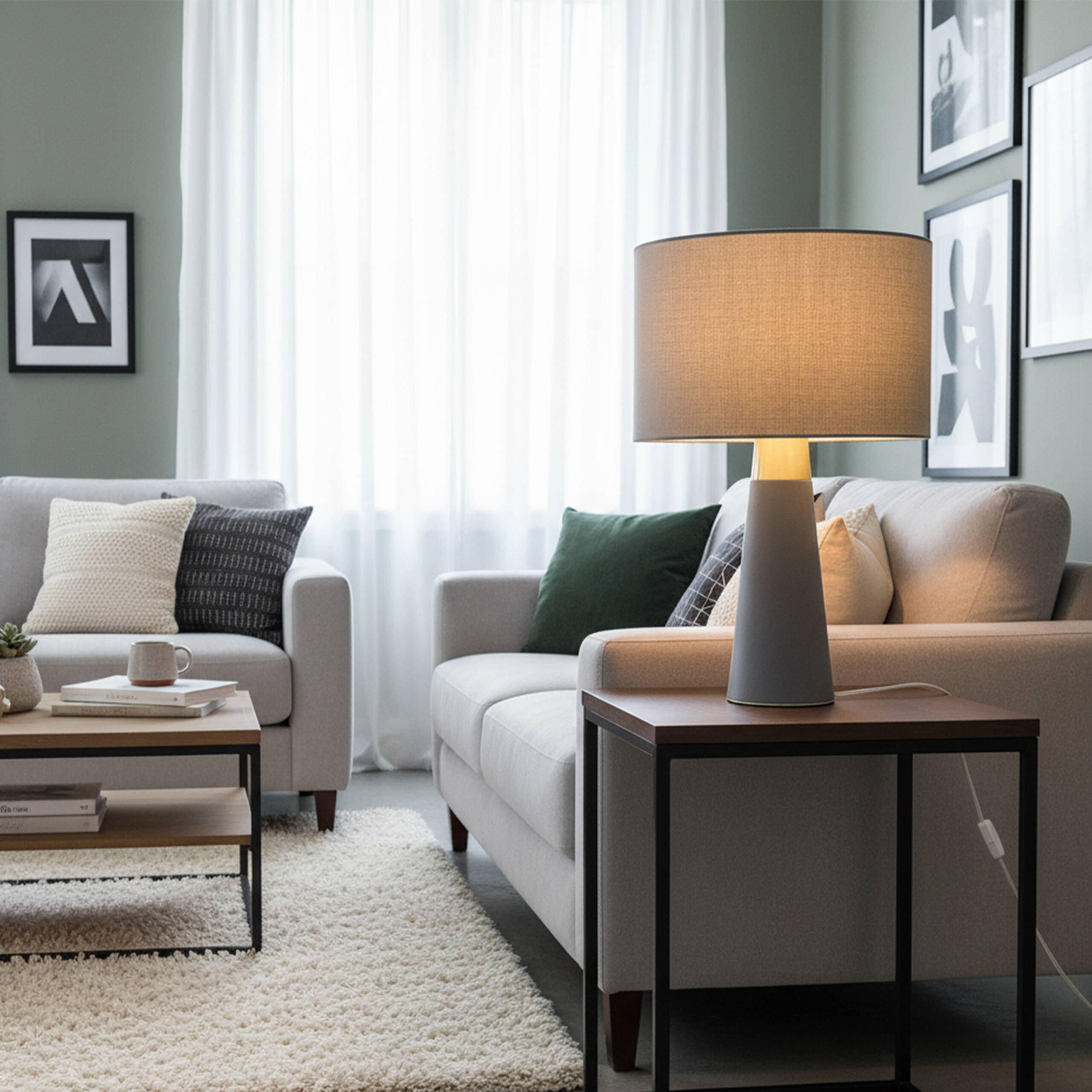 Gemütliches Wohnzimmer mit heller Couch, Holztisch, Lampe und gerahmten Bildern an grünen Wänden.