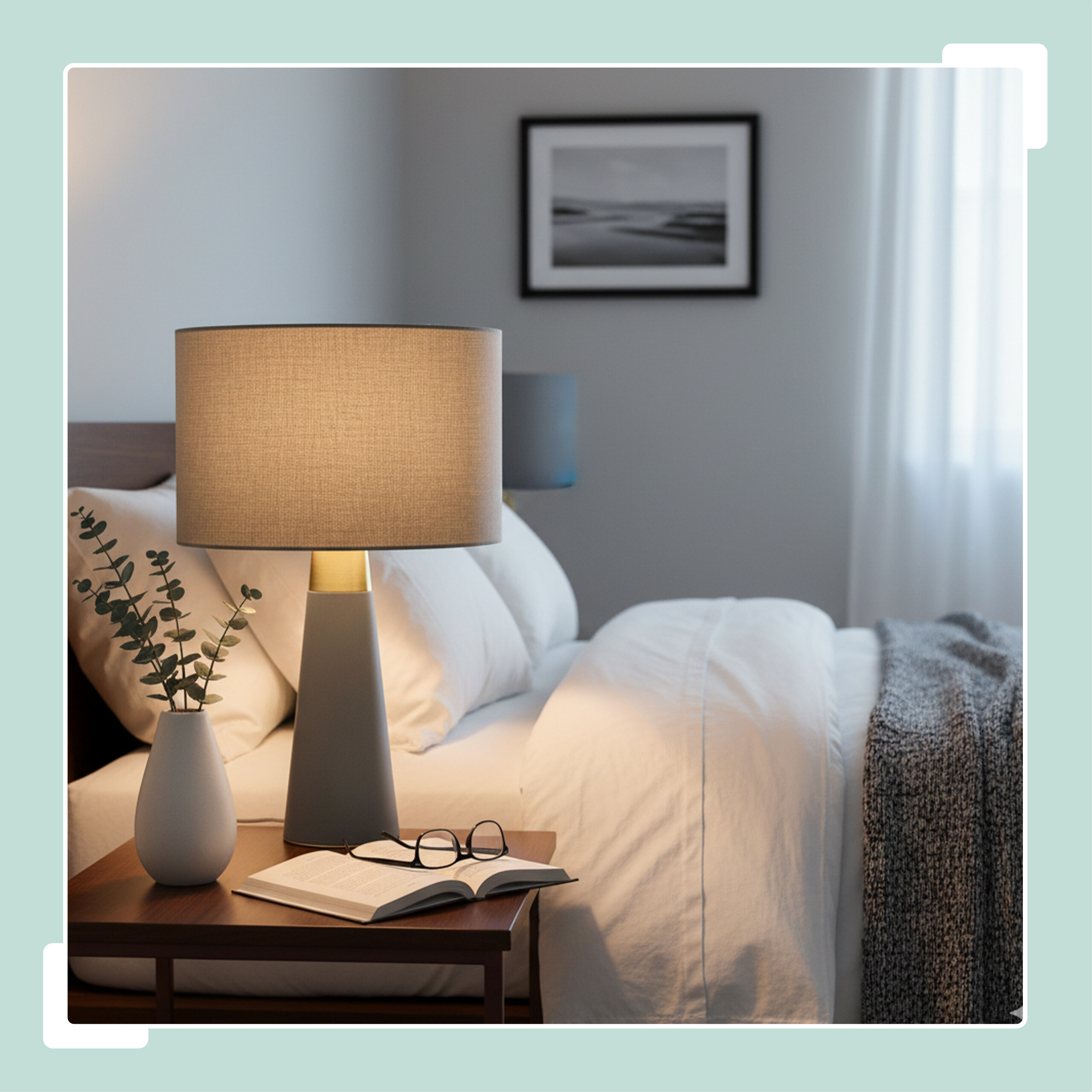 Ein Nachttisch mit Lampe, offenem Buch, Brille und Vase in einem gemütlichen, hellen Schlafzimmer.