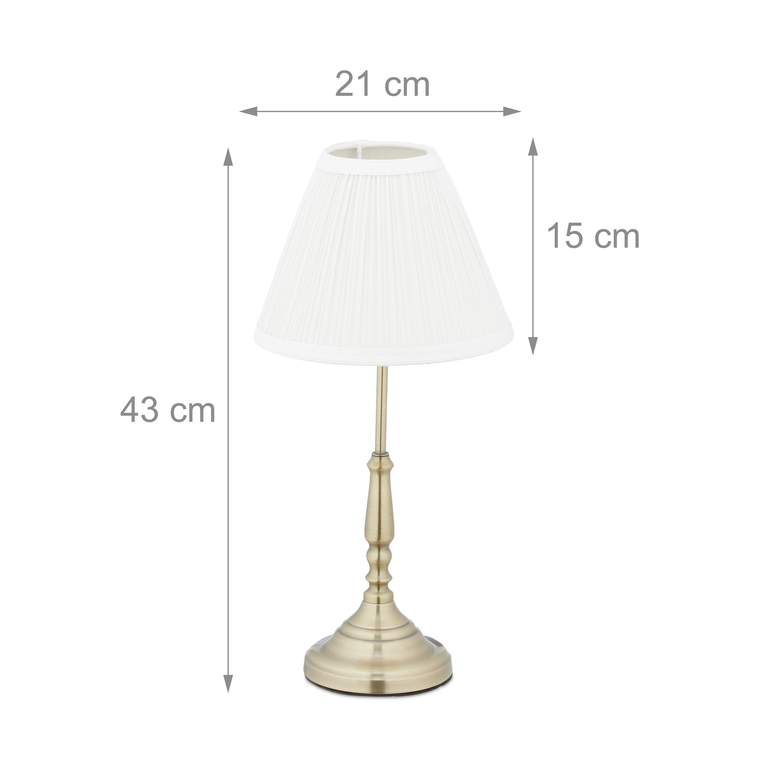 Tischlampe mit weißem Schirm und Messingfuß, Maße: 43 cm Höhe, 21 cm Breite, Schirm 15 cm.
