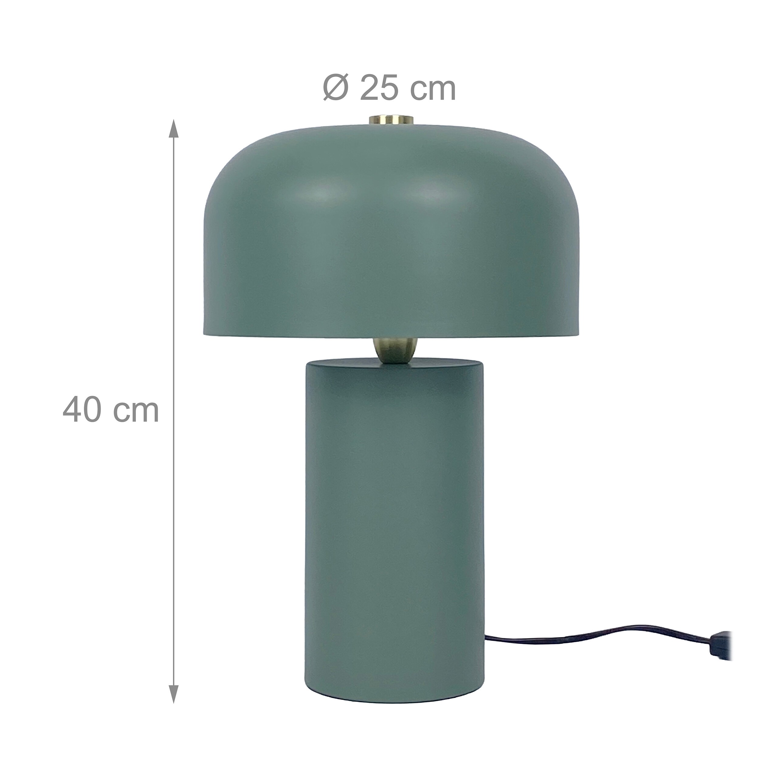 Eine matte grüne Tischlampe mit 40 cm Höhe und 25 cm Schirmdurchmesser vor weißem Hintergrund.
