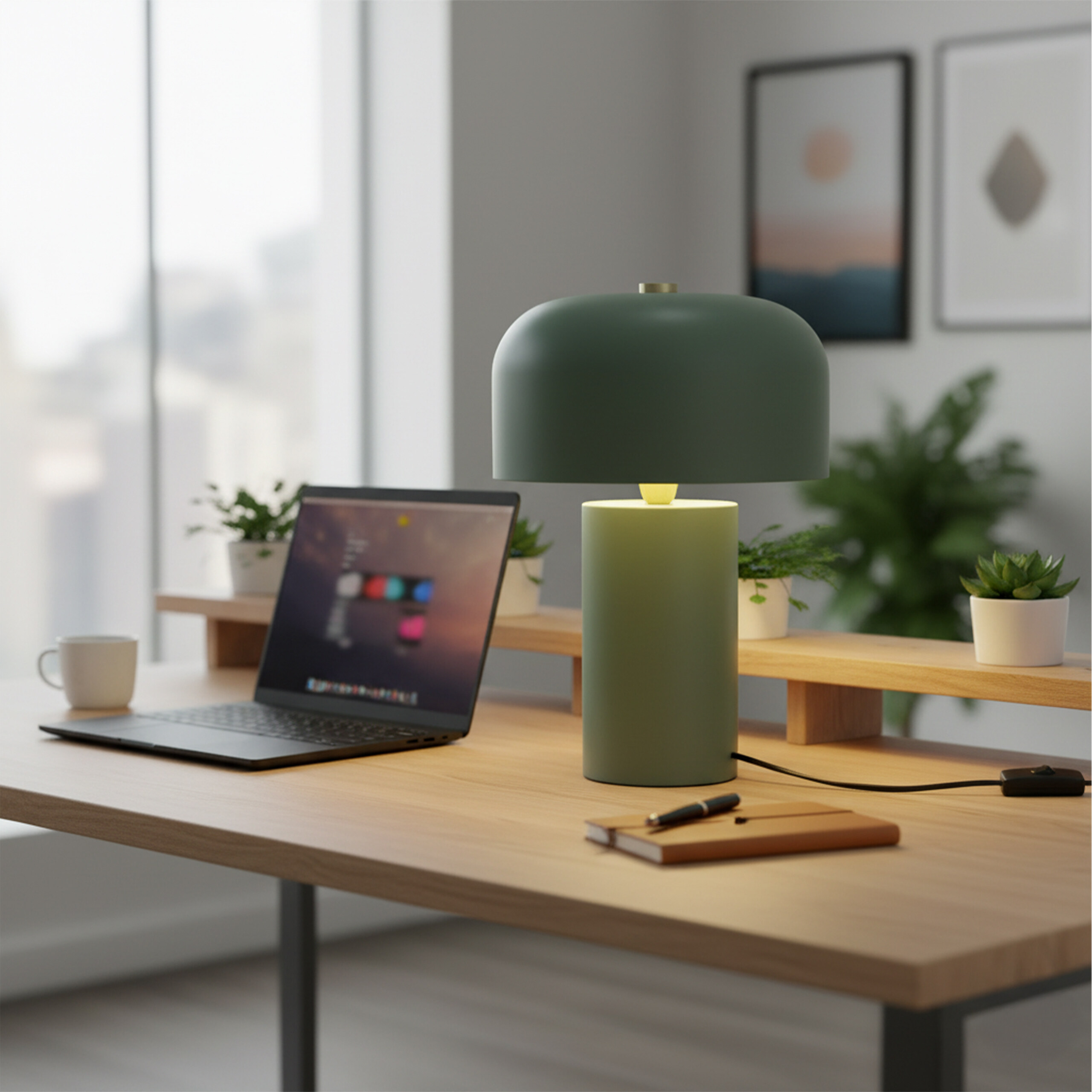 Eine grüne Lampe steht auf einem Holztisch mit einem Laptop, Notizbuch und Pflanzen im Hintergrund.