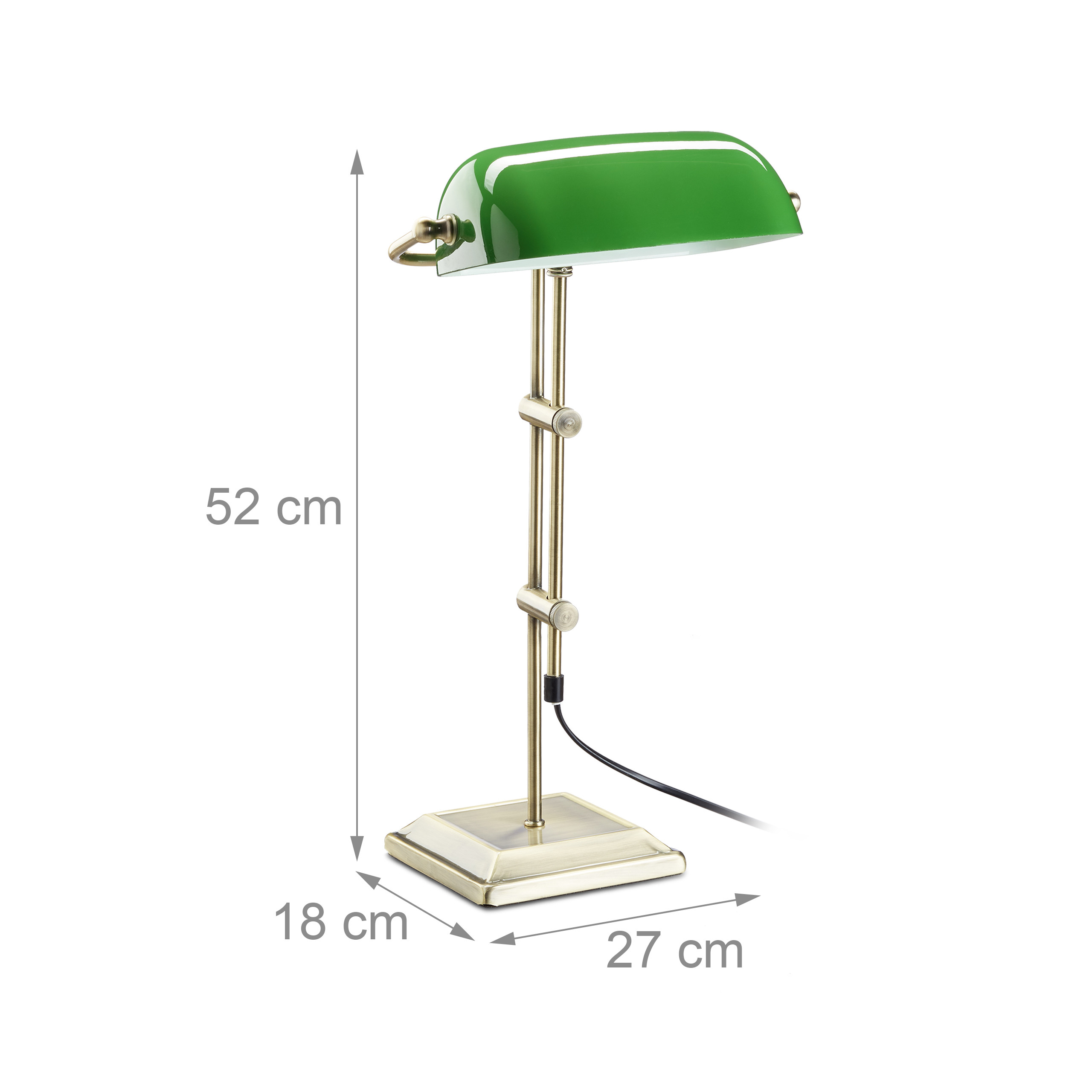 Grüne Bankerlampe mit Messinggestell und Maßangaben in Zentimetern.