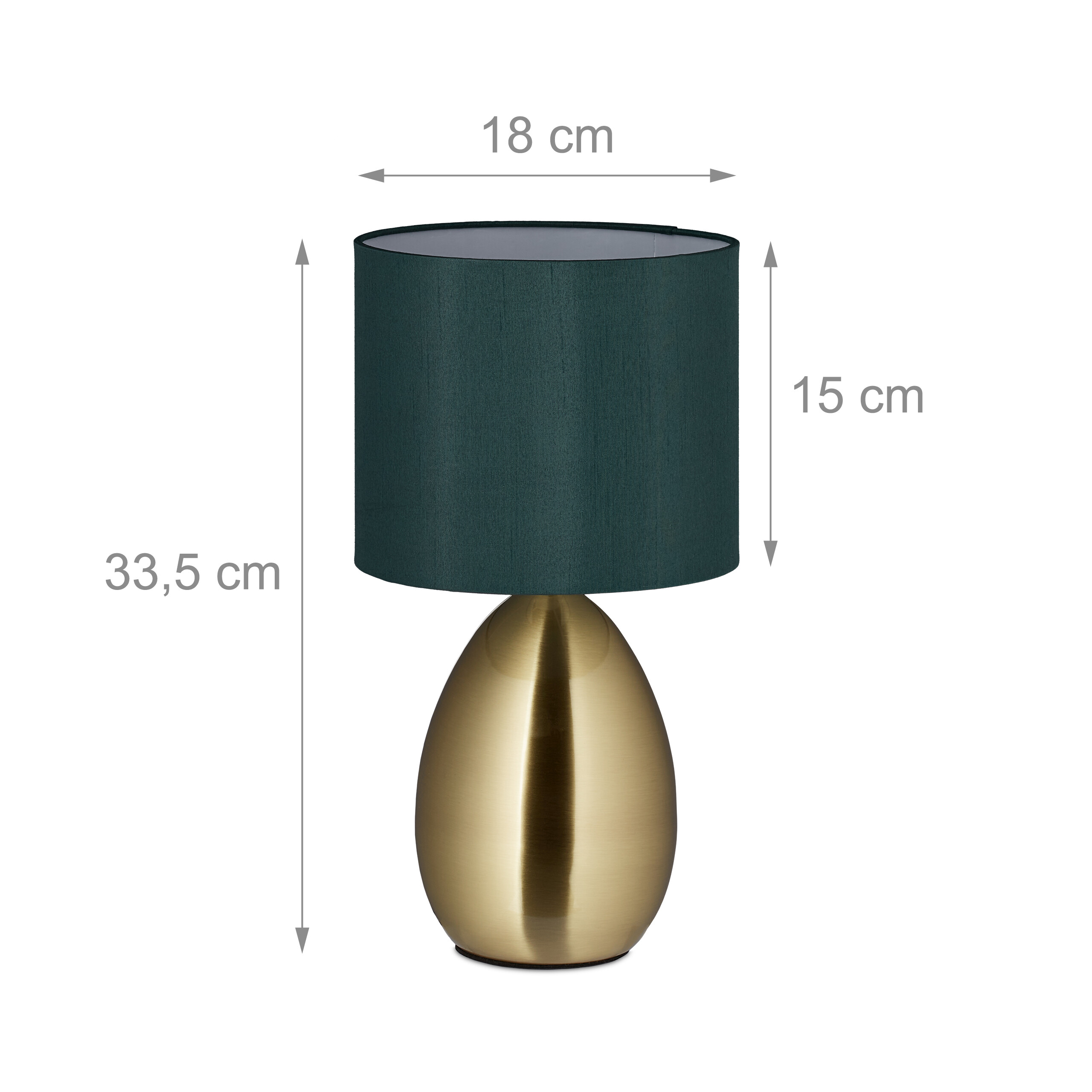 Grüne Tischlampe mit goldenem, eiförmigem Sockel und cm-Maßangaben.