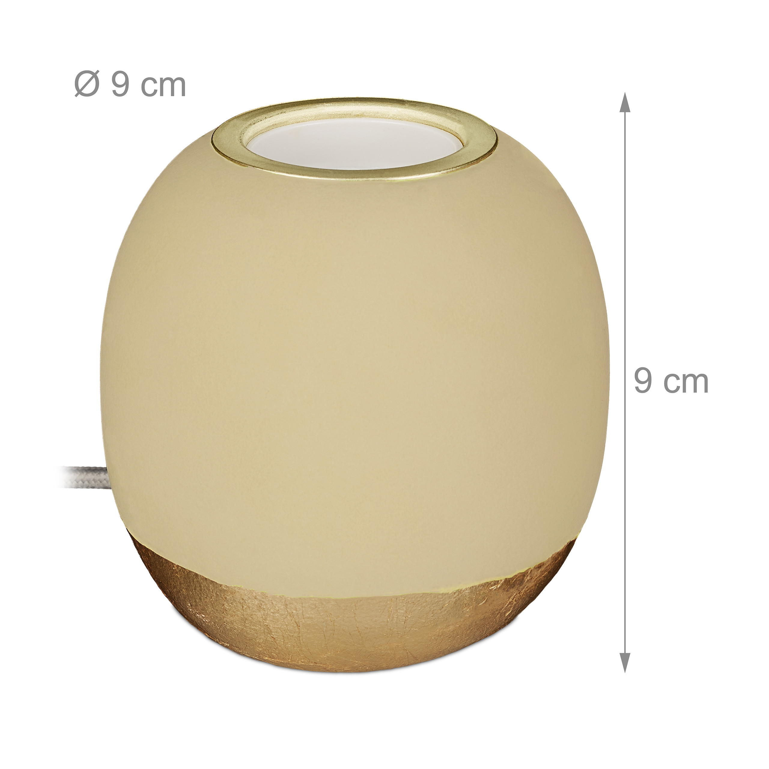 Runde beige-goldene Duftlampe, 9 cm Durchmesser, 9 cm Höhe, auf weißem Hintergrund.