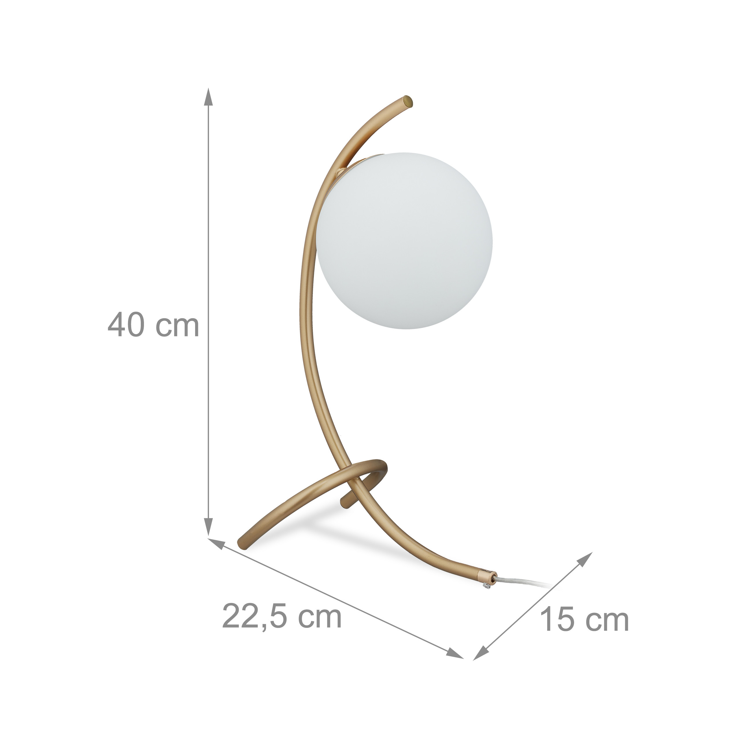 Goldene Tischlampe mit weißer Glaskugel und Maßen 40x22,5x15 cm vor weißem Hintergrund.