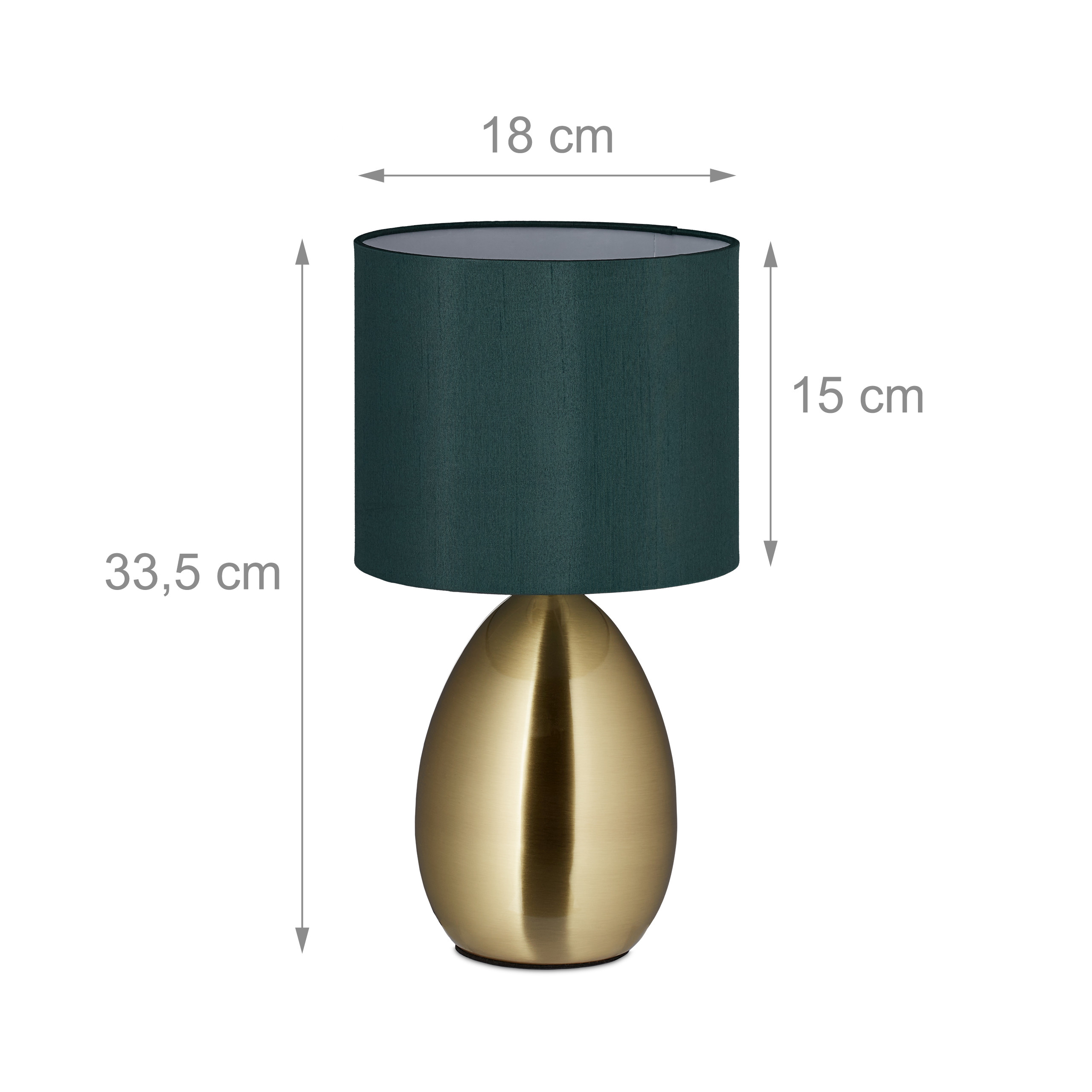 Tischlampe mit goldenem Fuß und grünem Schirm, Maße 33,5 cm hoch, Schirm 18 cm breit und 15 cm hoch.