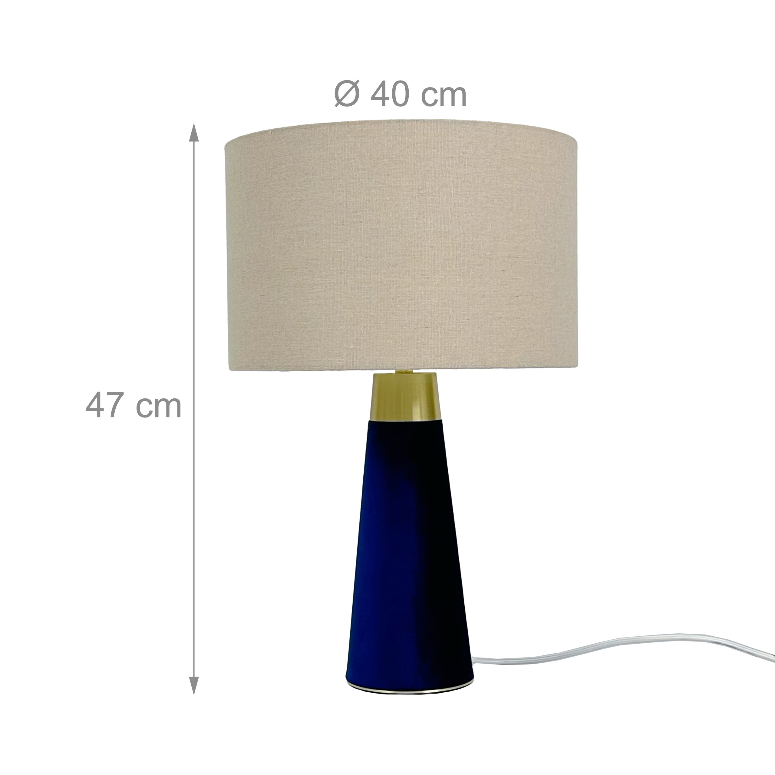 Tischlampe mit blauem Kegelfuß und beige zylindrischem Schirm. Höhe 47 cm, Durchmesser 40 cm.