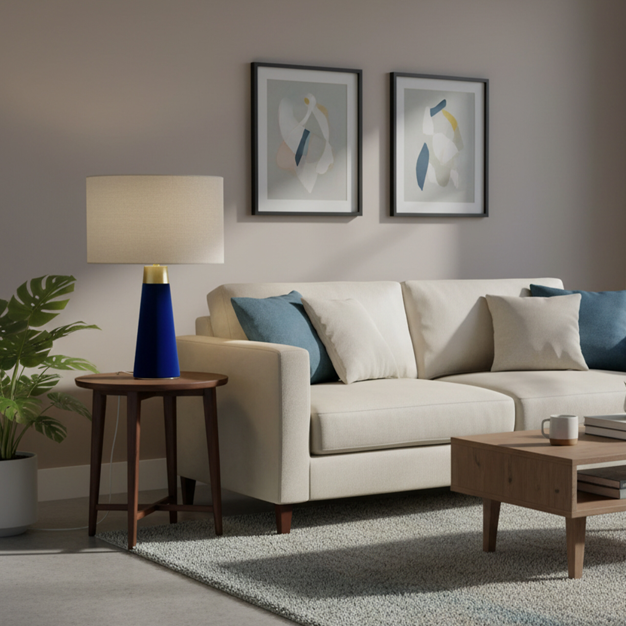 Ein beige Sofa mit blauen und weißen Kissen steht in einem modernen Wohnzimmer mit Kunst und einer blauen Lampe.