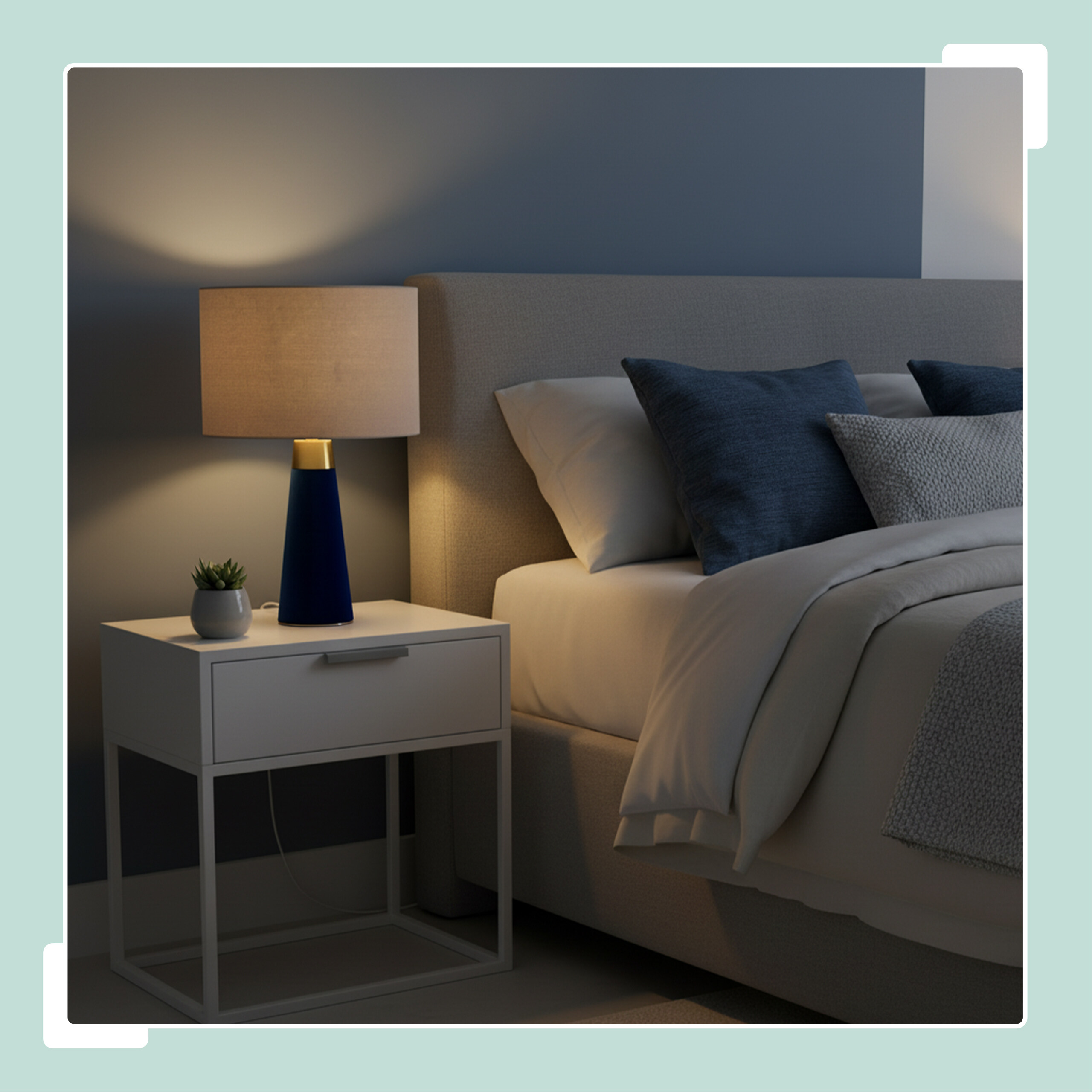 Eine leuchtende Lampe und eine kleine Topfpflanze stehen auf einem weißen Nachttisch neben einem Bett mit grauen Kissen.