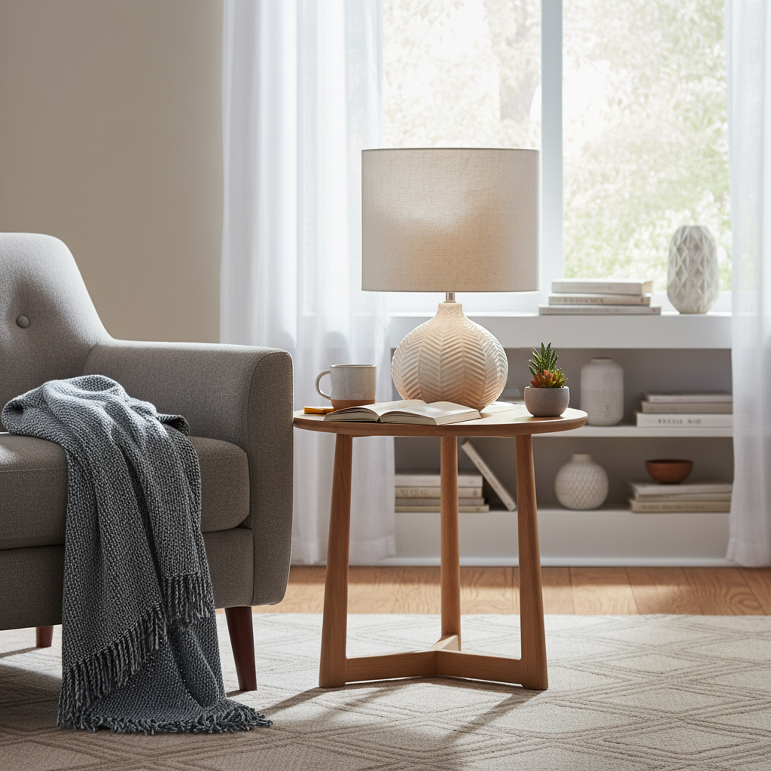 Ein gemütliches Zimmer mit grauem Sessel, Strickdecke, Holztisch, Lampe und Buch vor einem Fenster mit Regalen.