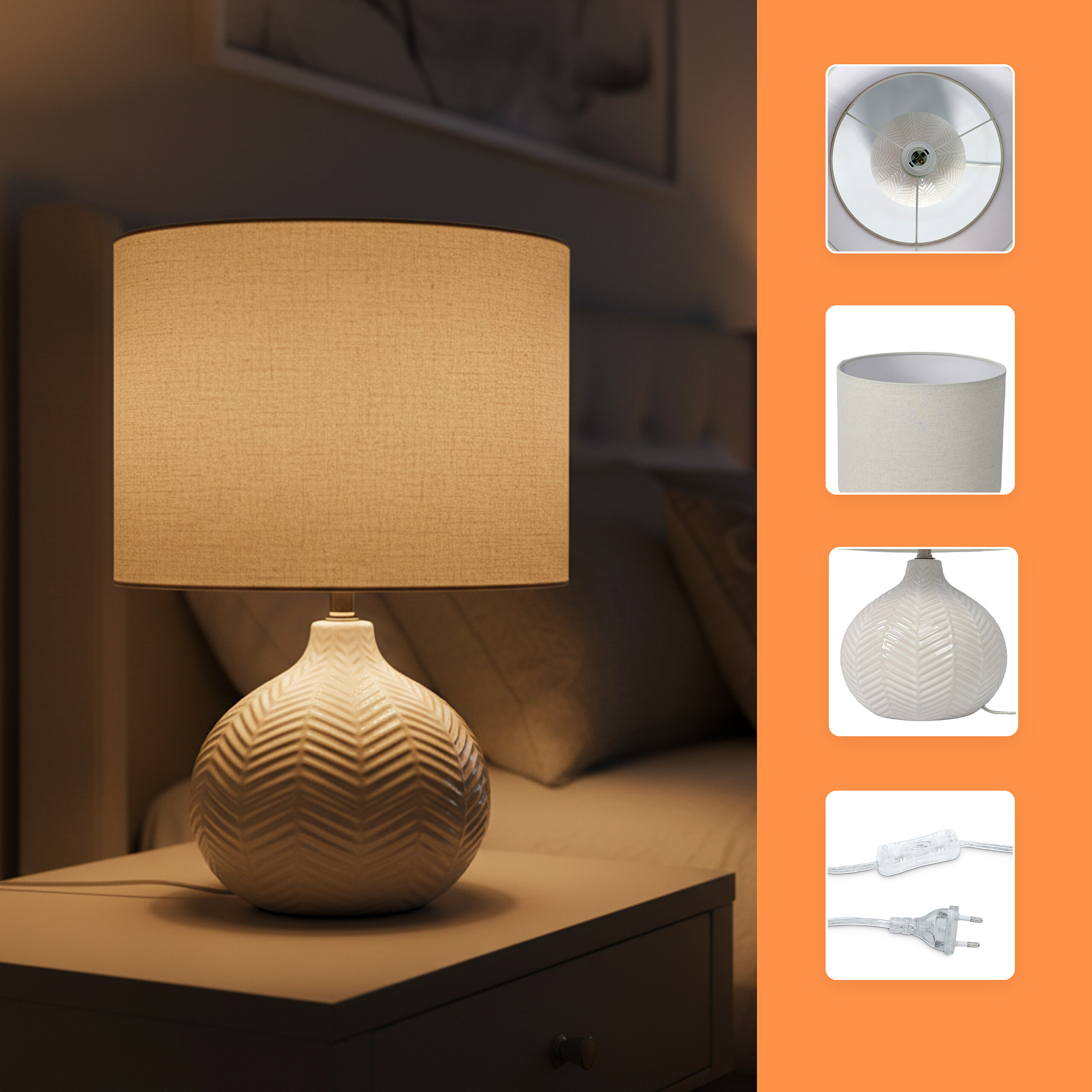 Beige Tischlampe mit strukturiertem Keramikfuß auf einem Nachttisch, mit Einzelschüssen der Details auf orangerem Grund.