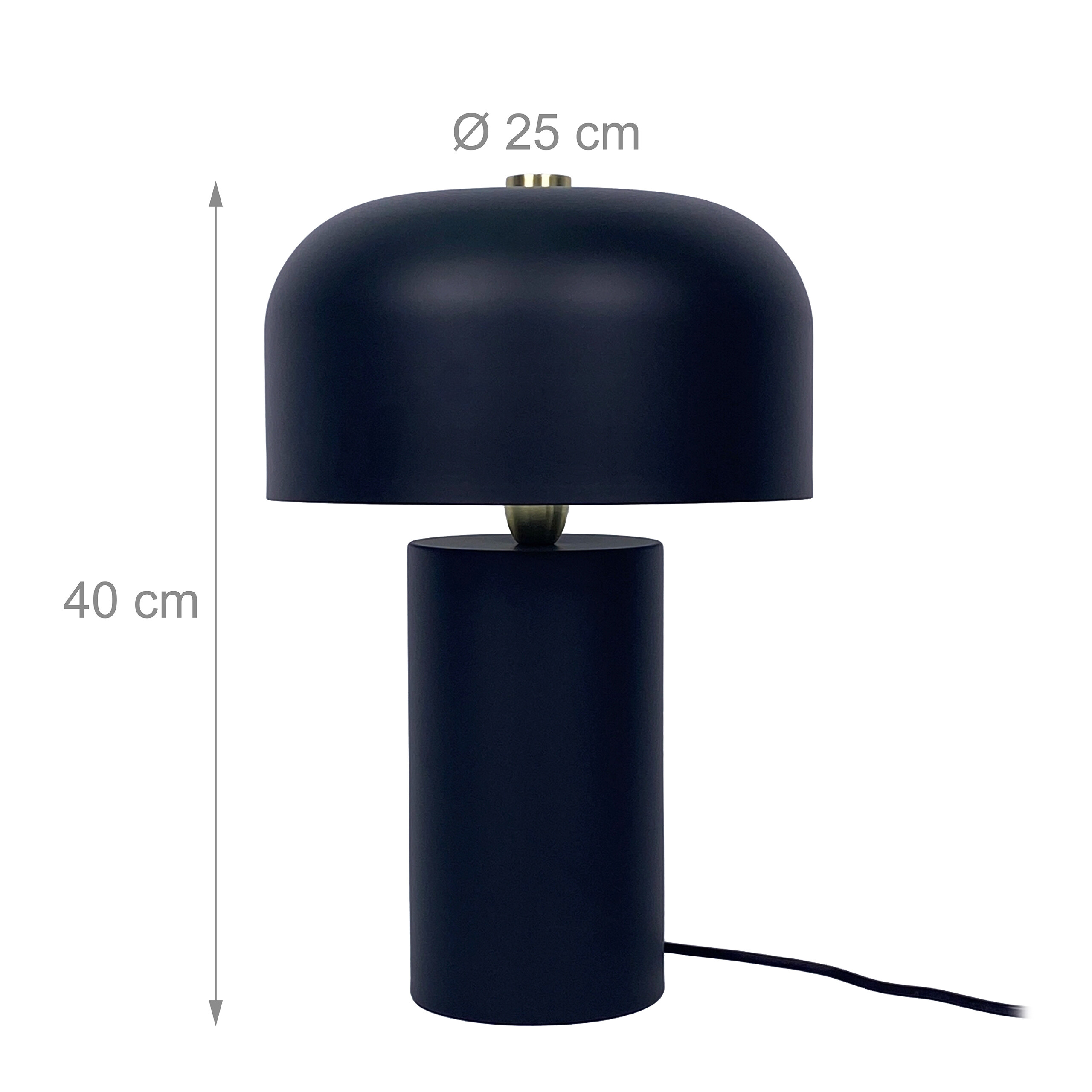 Eine schwarze moderne Tischlampe mit den Maßen: 40 cm Höhe und 25 cm Durchmesser, vor weißem Hintergrund.